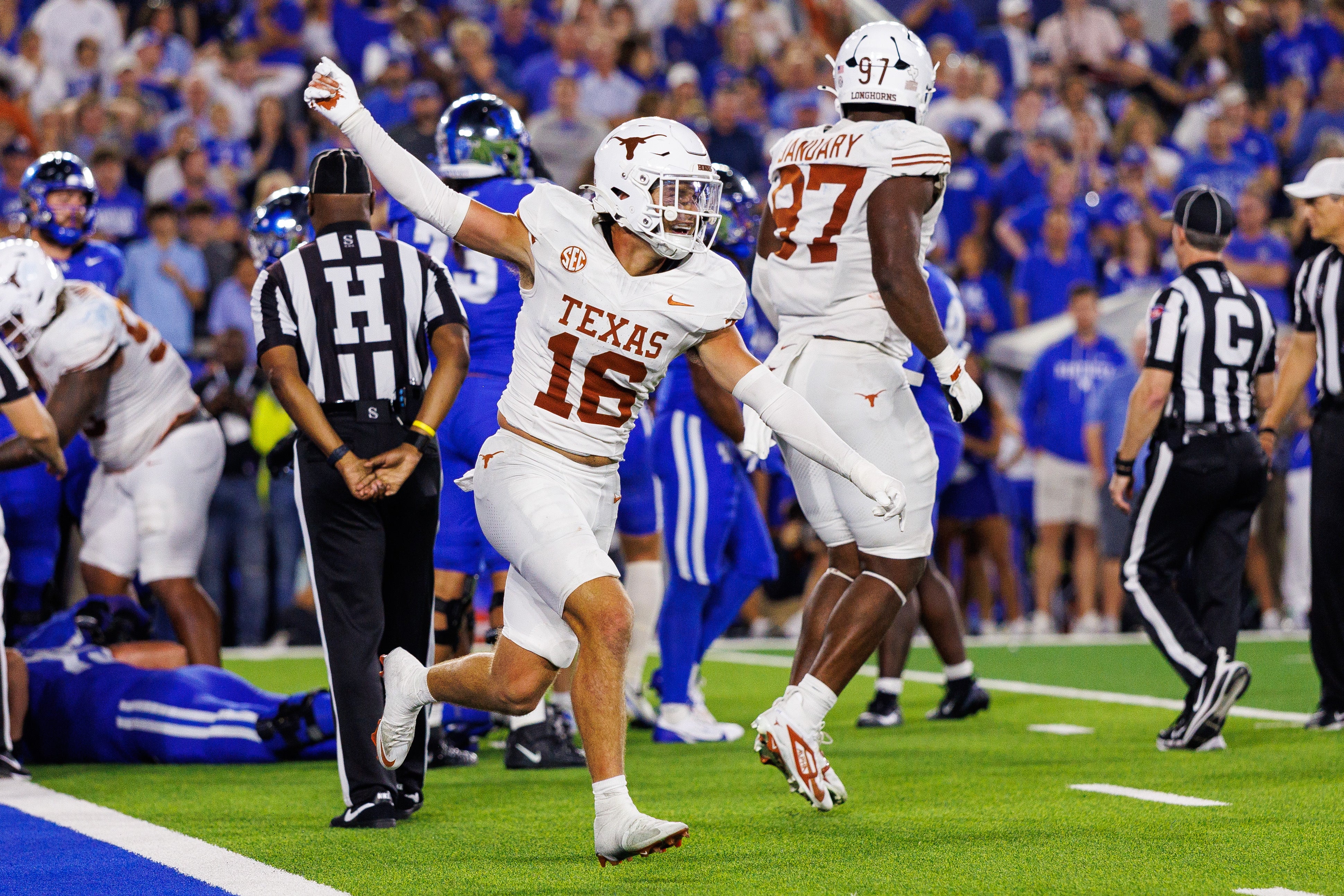 Oct 18, 2025; Lexington, Kentucky, USA; Texas Longhorns defensive back Michael Taaffe (16) celebrates after the Kentucky Wildcats fail to score during overtime at Kroger Field. Mandatory Credit: Jordan Prather-Imagn Images