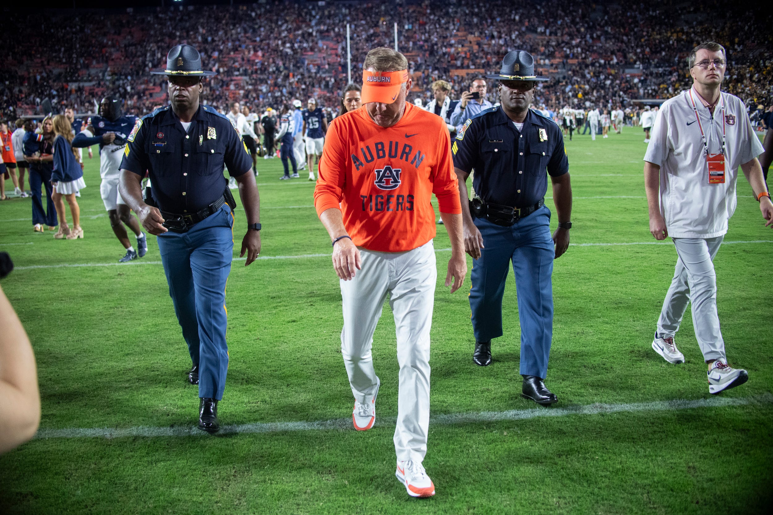 Auburn Tigers head coach Hugh Freeze walks off the field after the game as Auburn Tigers take on Missouri Tigers at Jordan-Hare Stadium in Auburn, Ala. on Saturday, Oct. 18, 2025. Missouri Tigers defeated the Auburn Tigers 23-17 in 2OT.