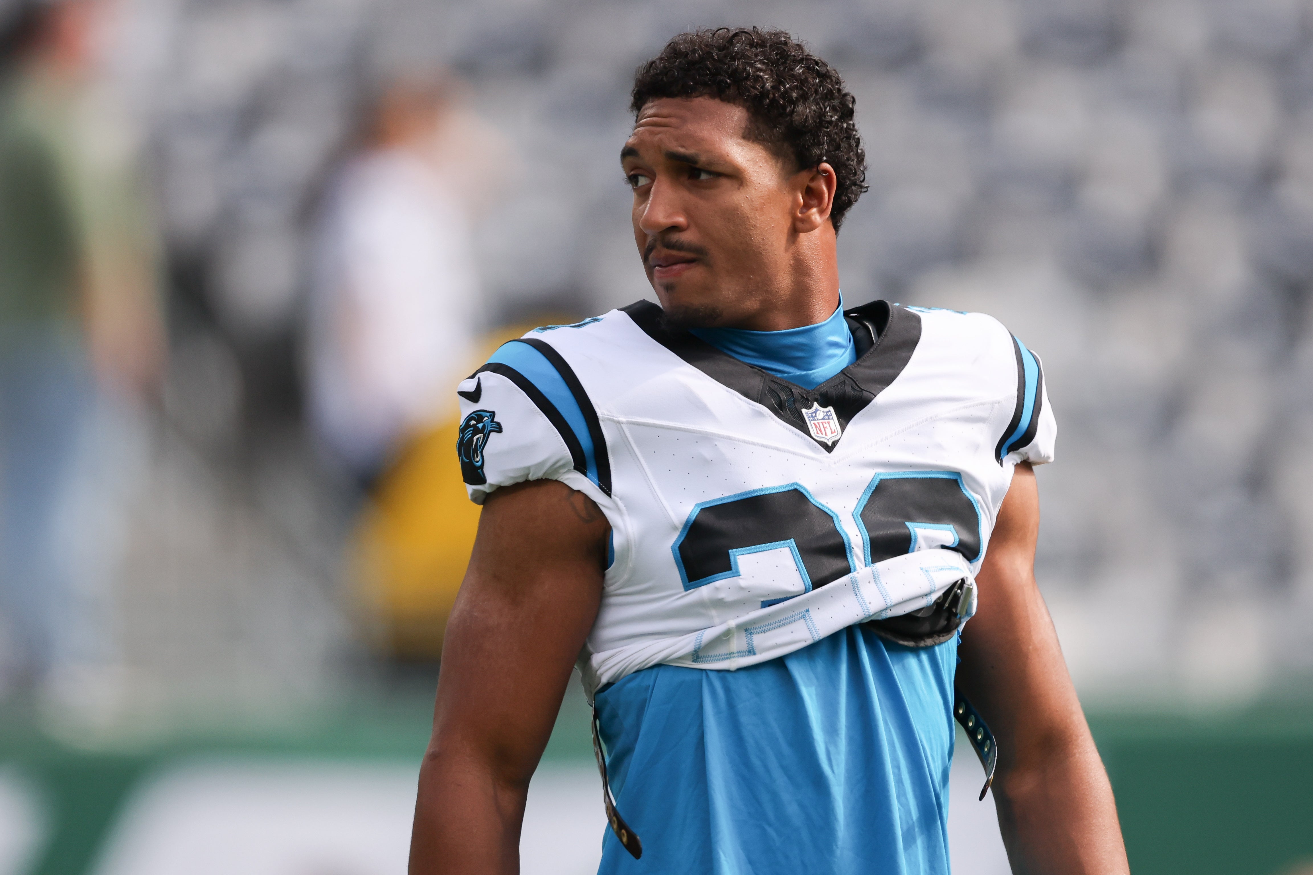 Oct 19, 2025; East Rutherford, New Jersey, USA; Carolina Panthers running back Chuba Hubbard (30) on the field before the game against the New York Jets at MetLife Stadium.