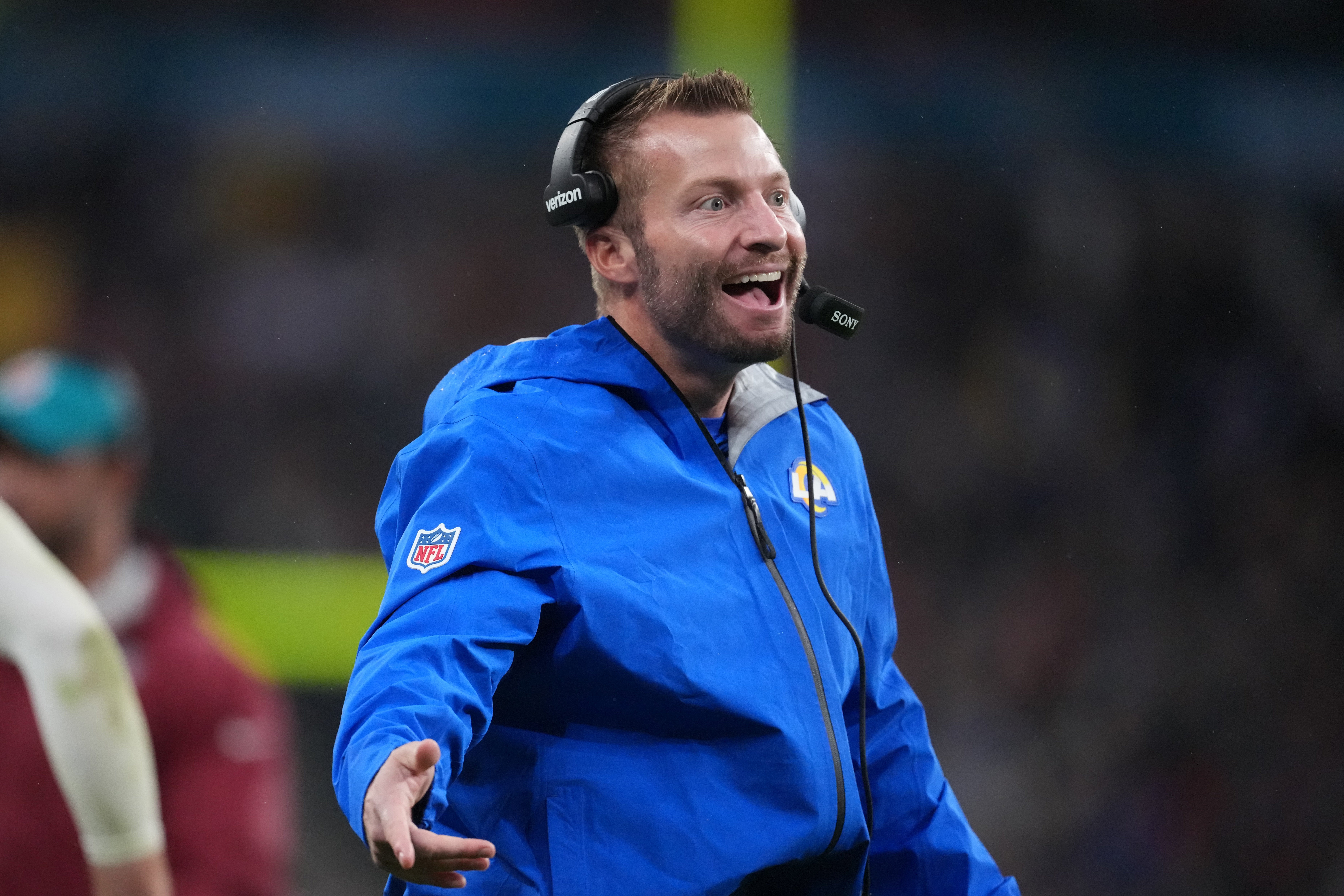 Oct 19, 2025; London, United Kingdom; Los Angeles Rams head coach Sean McVay reacts after a play against the Jacksonville Jaguars during the second half of an NFL International Series game at Wembley Stadium.