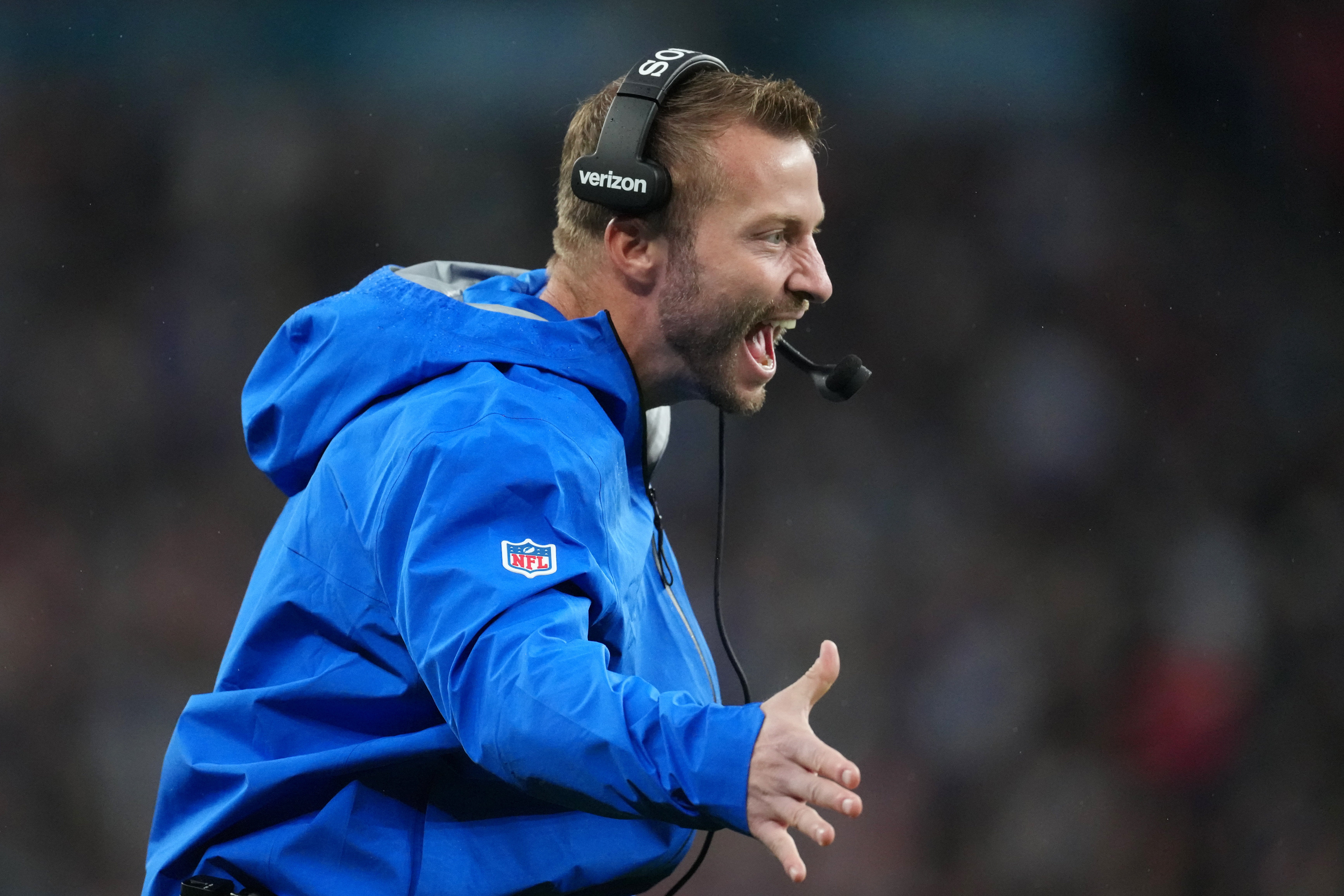 Oct 19, 2025; London, United Kingdom; Los Angeles Rams head coach Sean McVay reacts after a play against the Jacksonville Jaguars during the second half of an NFL International Series game at Wembley Stadium.