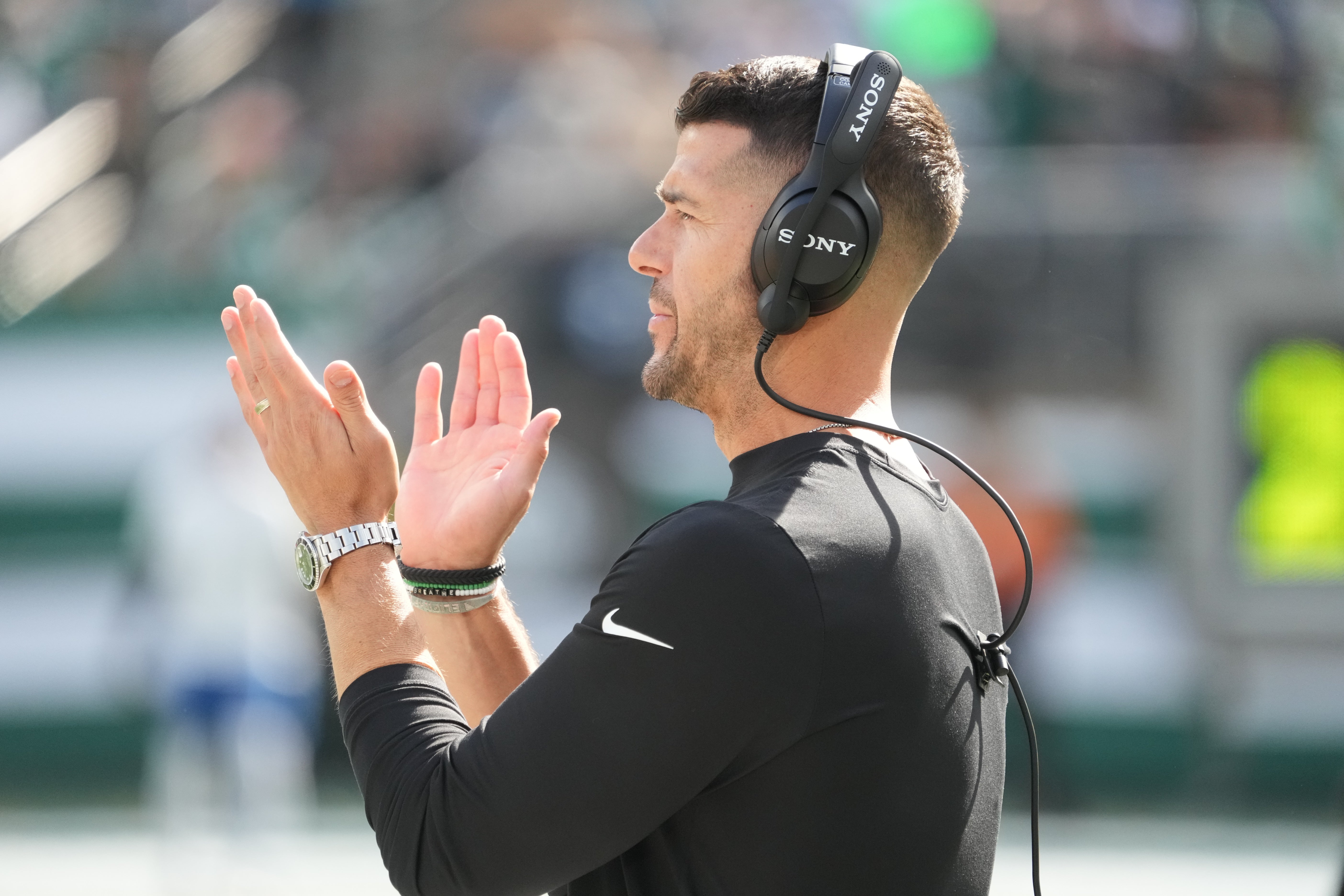 Oct 19, 2025; East Rutherford, New Jersey, USA; Carolina Panthers head coach Dave Canales looks on during warmups prior to the game against the New York Jets at MetLife Stadium.