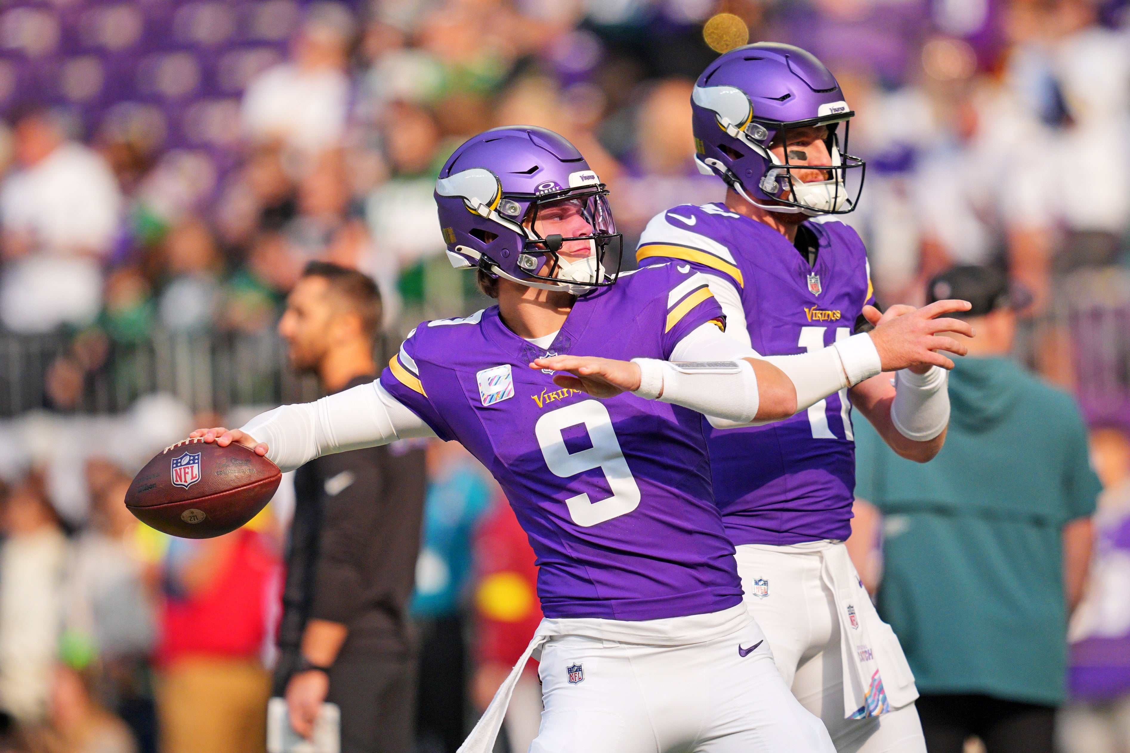 Oct 19, 2025; Minneapolis, Minnesota, USA; Minnesota Vikings quarterback J.J. McCarthy (9) warms up before the game against the Philadelphia Eagles at U.S. Bank Stadium.