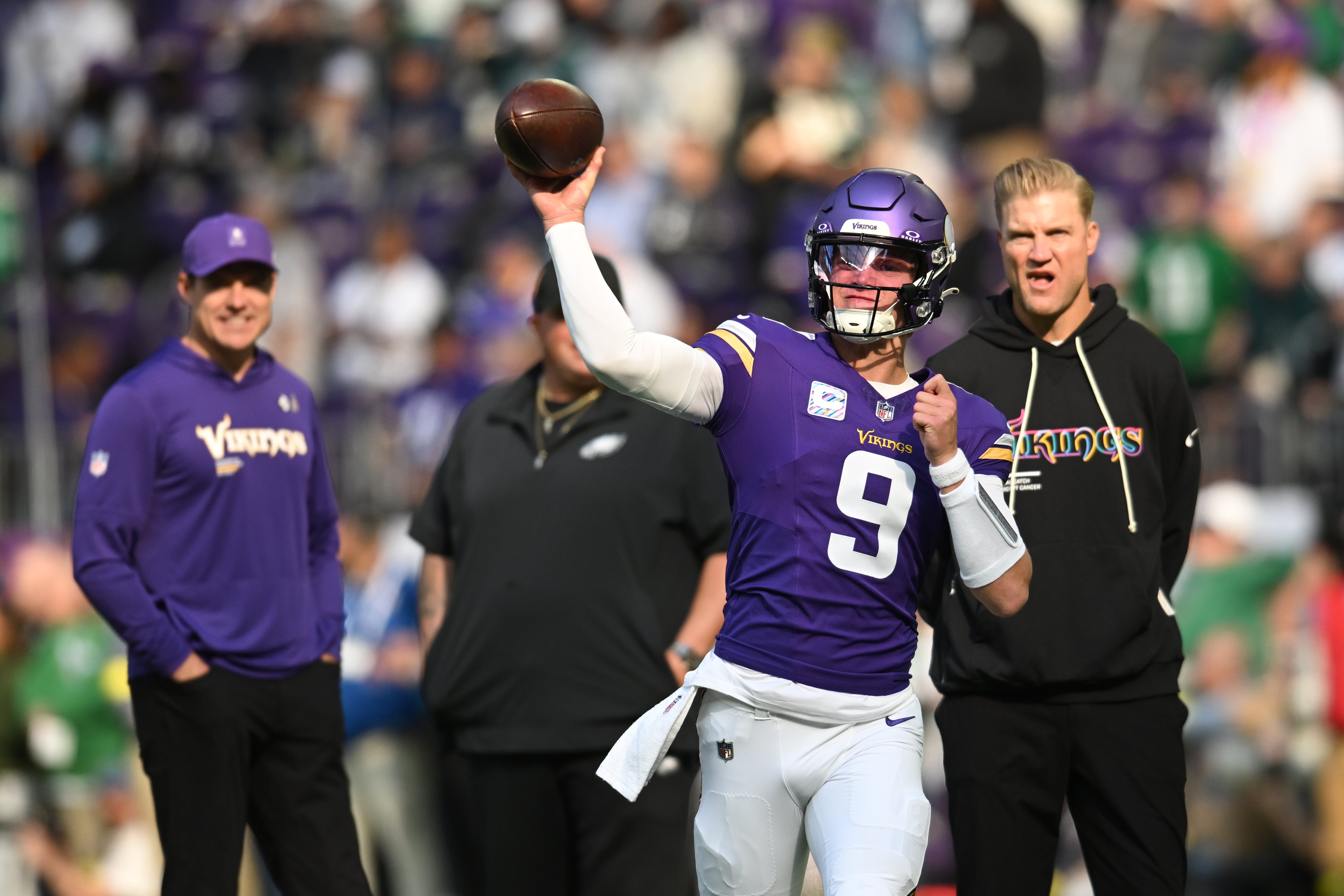 Oct 19, 2025; Minneapolis, Minnesota, USA; Minnesota Vikings quarterback J.J. McCarthy (9) throws a pass during warm ups before the game against the Philadelphia Eagles at U.S. Bank Stadium.