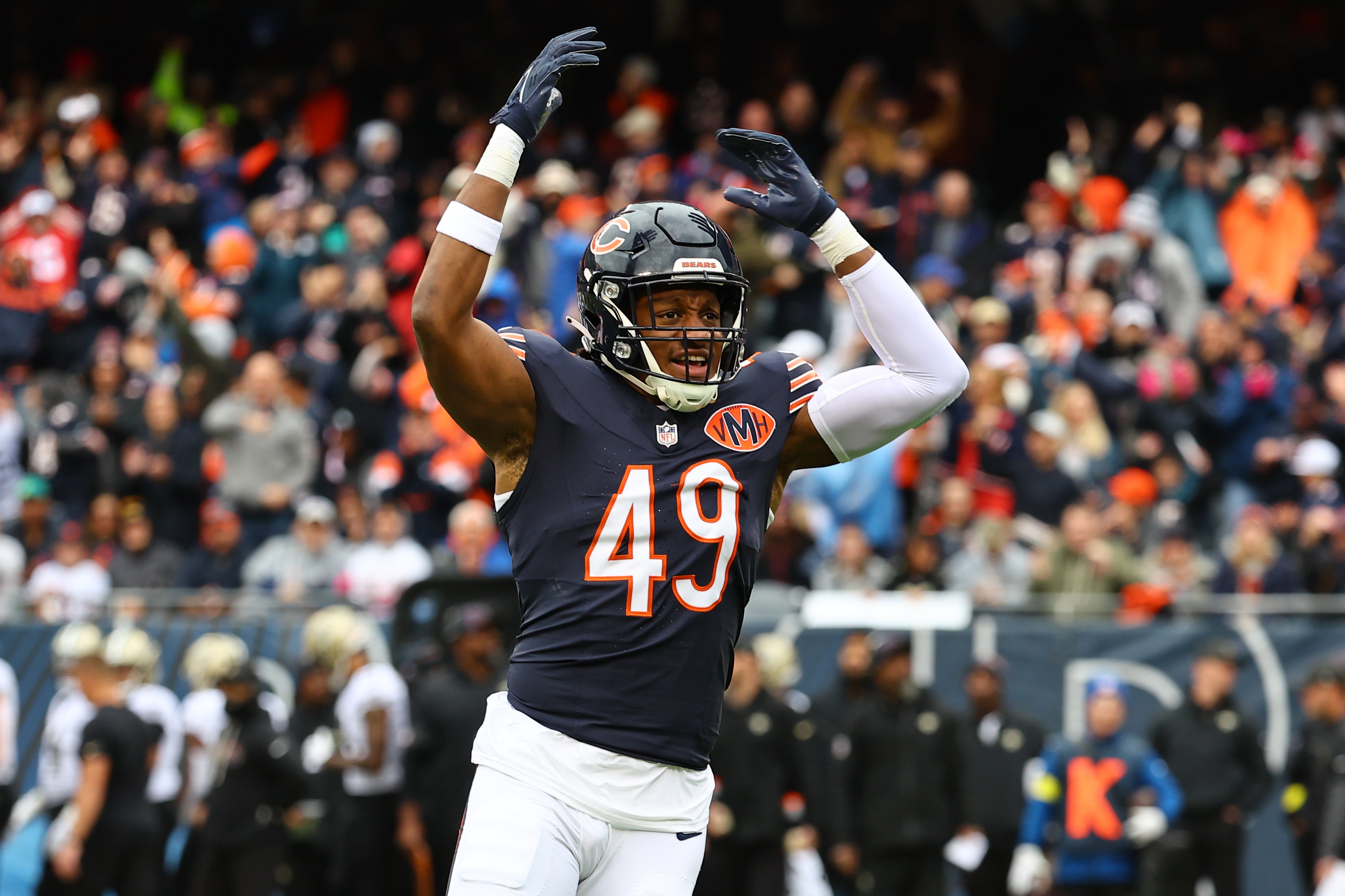Oct 19, 2025; Chicago, Illinois, USA; Chicago Bears middle linebacker Tremaine Edmunds (49) reacts against the New Orleans Saints during the first quarter at Soldier Field.