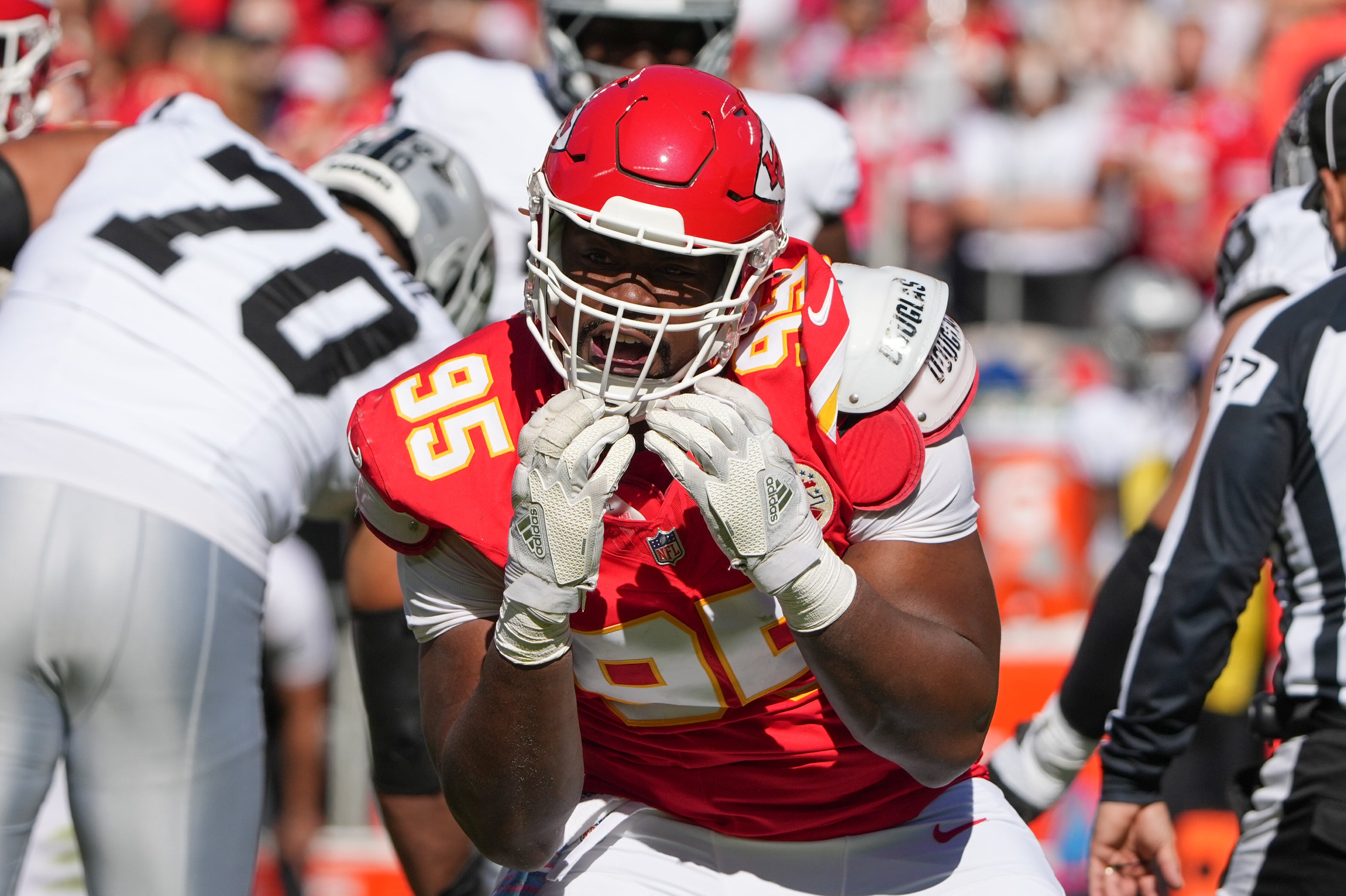 Kansas City Chiefs defensive end Chris Jones (95) celebrates after a sack against the Las Vegas Raiders