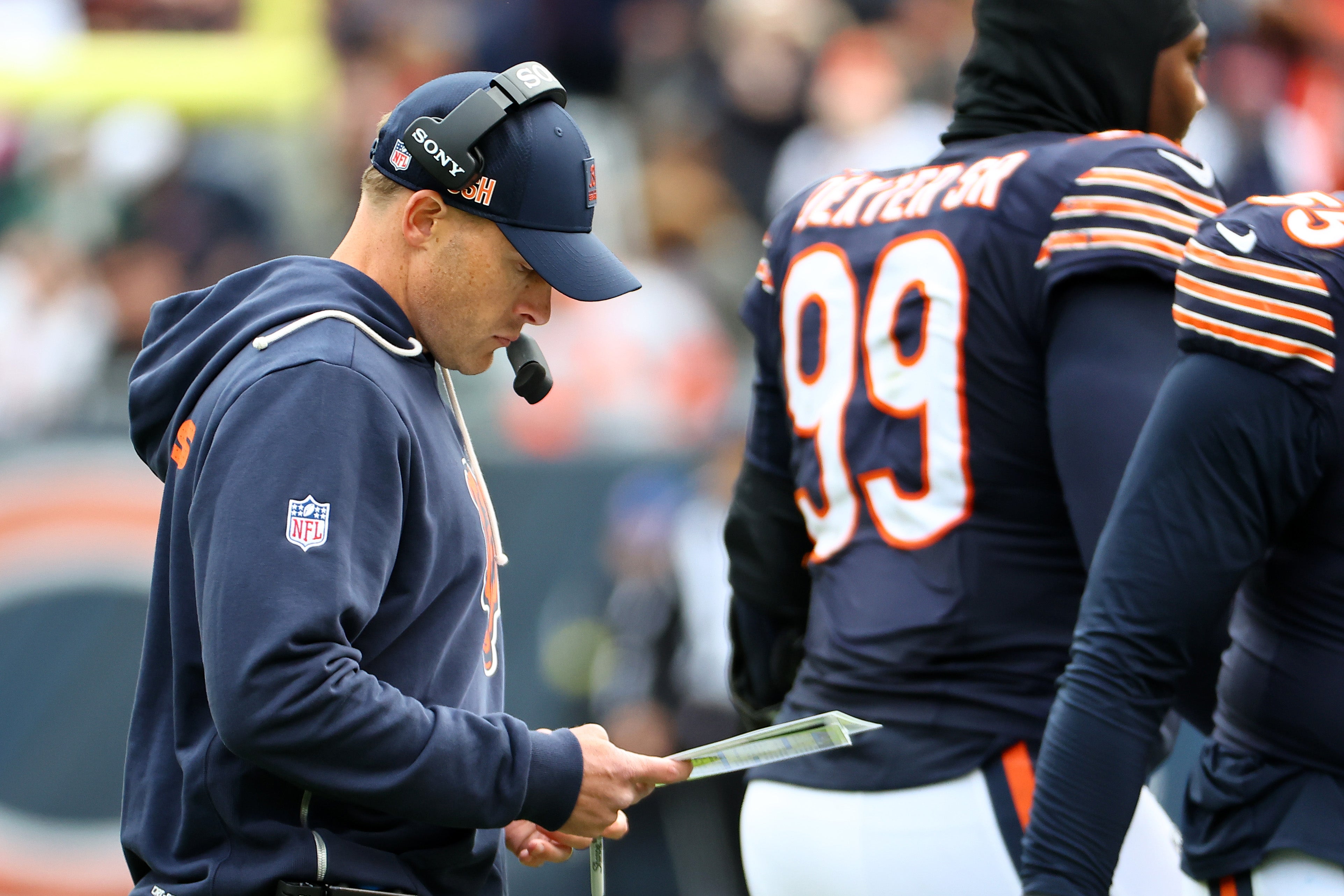Oct 19, 2025; Chicago, Illinois, USA; Chicago Bears head coach Ben Johnson against the New Orleans Saints during the second half at Soldier Field.