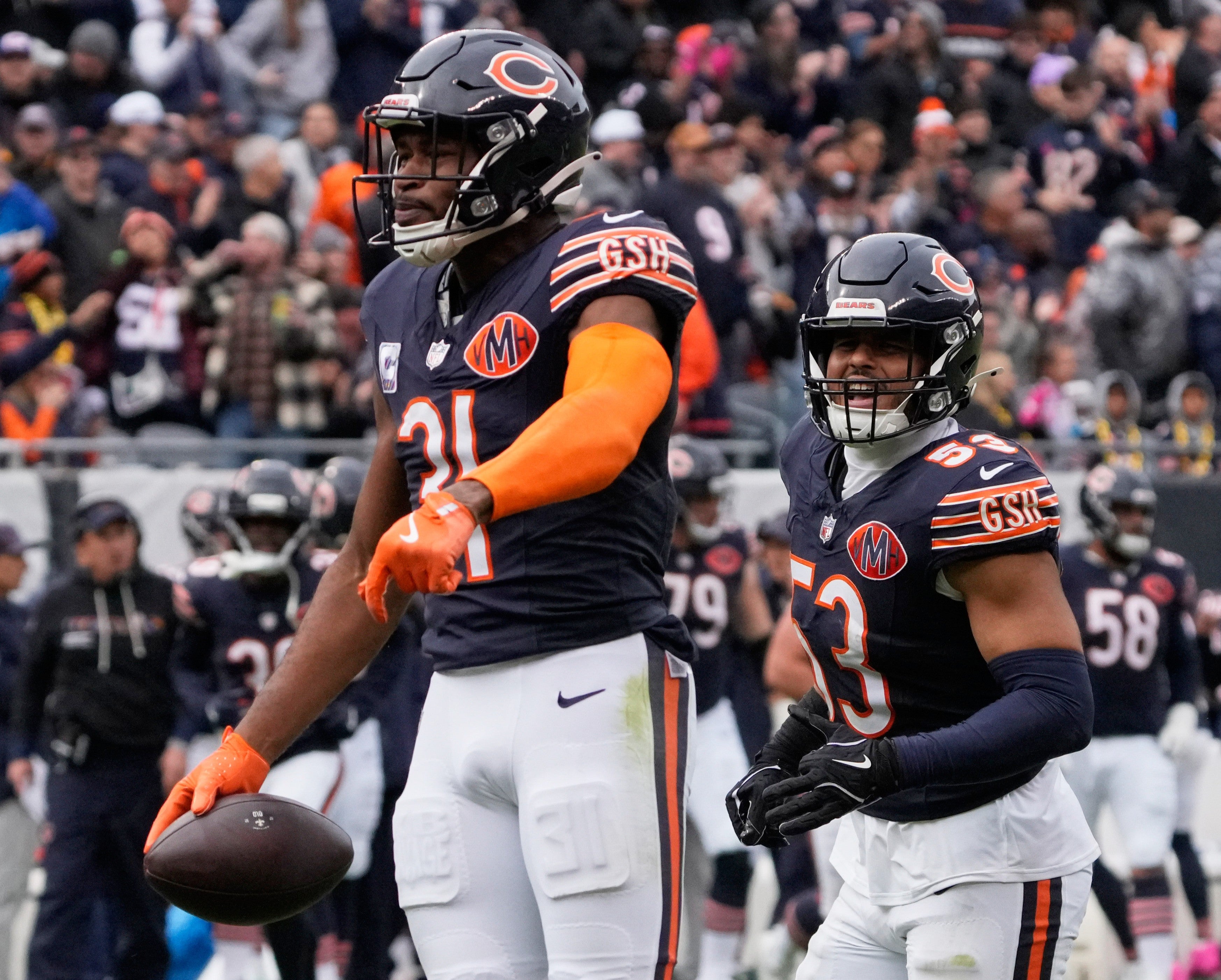 Oct 19, 2025; Chicago, Illinois, USA; Chicago Bears free safety Kevin Byard (31) reacts after intercepting a pass during the second half at Soldier Field.