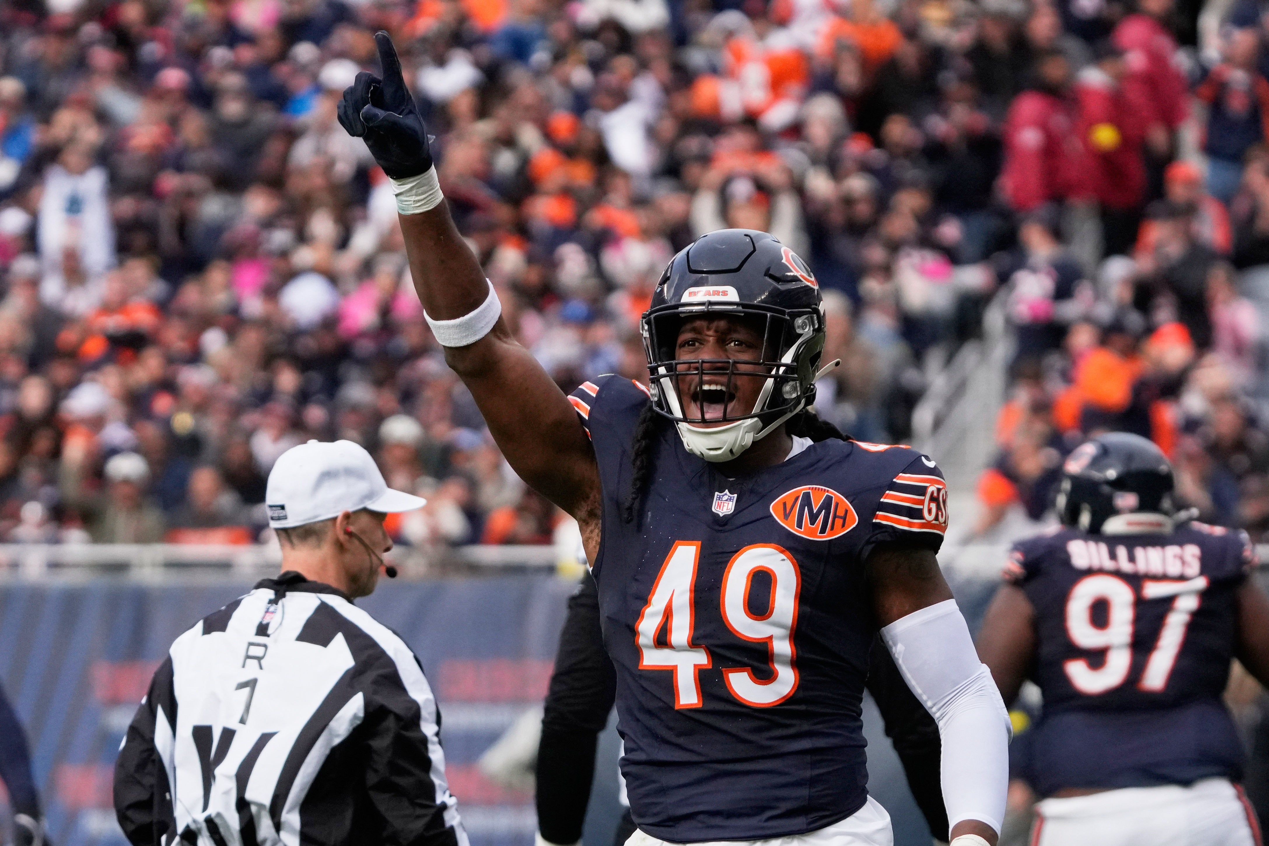 Oct 19, 2025; Chicago, Illinois, USA; Chicago Bears middle linebacker Tremaine Edmunds (49) reacts after sacking New Orleans Saints quarterback Spencer Rattler (not pictured) during the second half at Soldier Field.