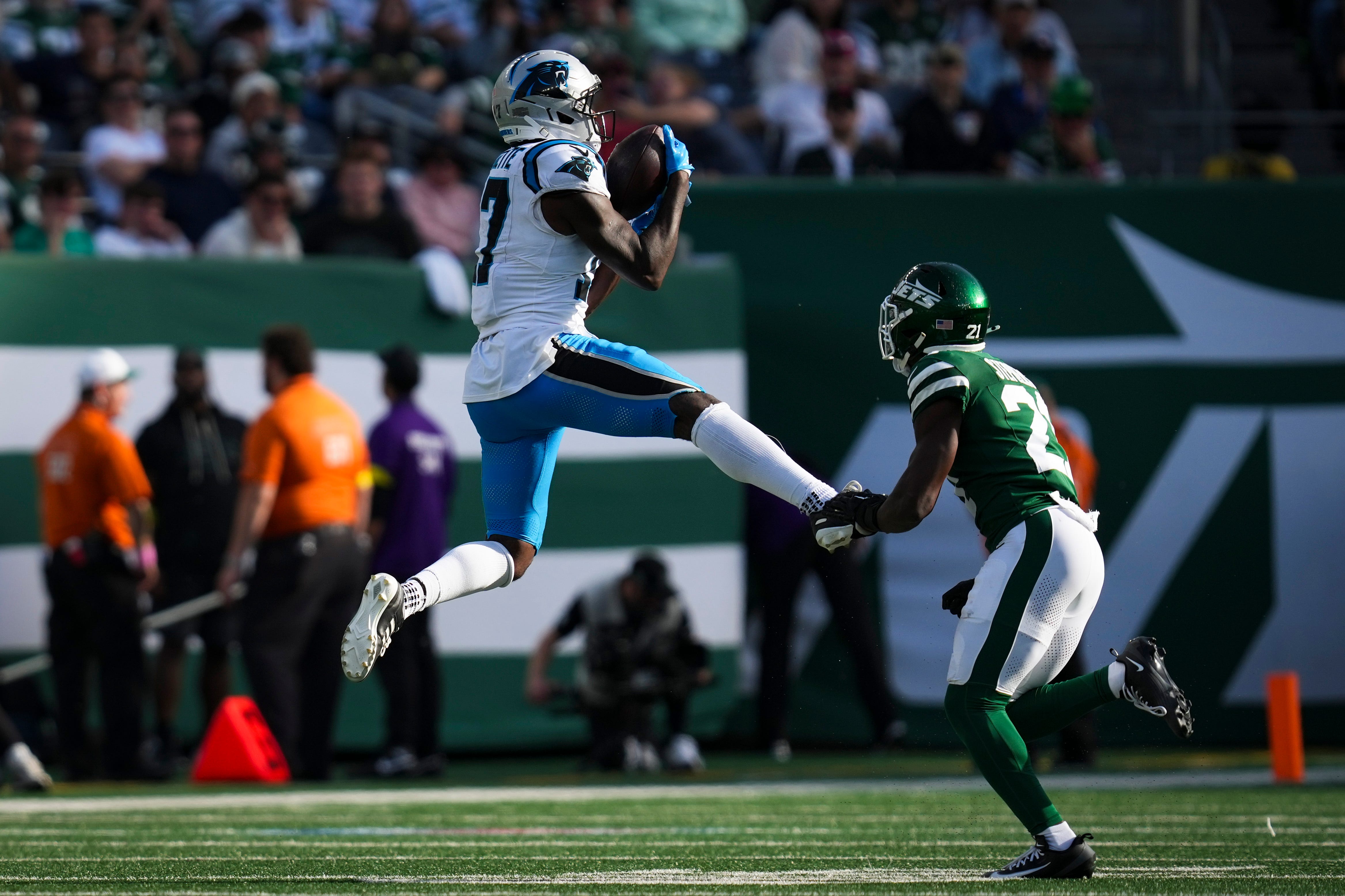 Carolina Panthers wide receiver Xavier Legette (17) catches the ball during a game against the New York Jets at MetLife Stadium, Oct 19, 2025, East Rutherford, NJ, USA.