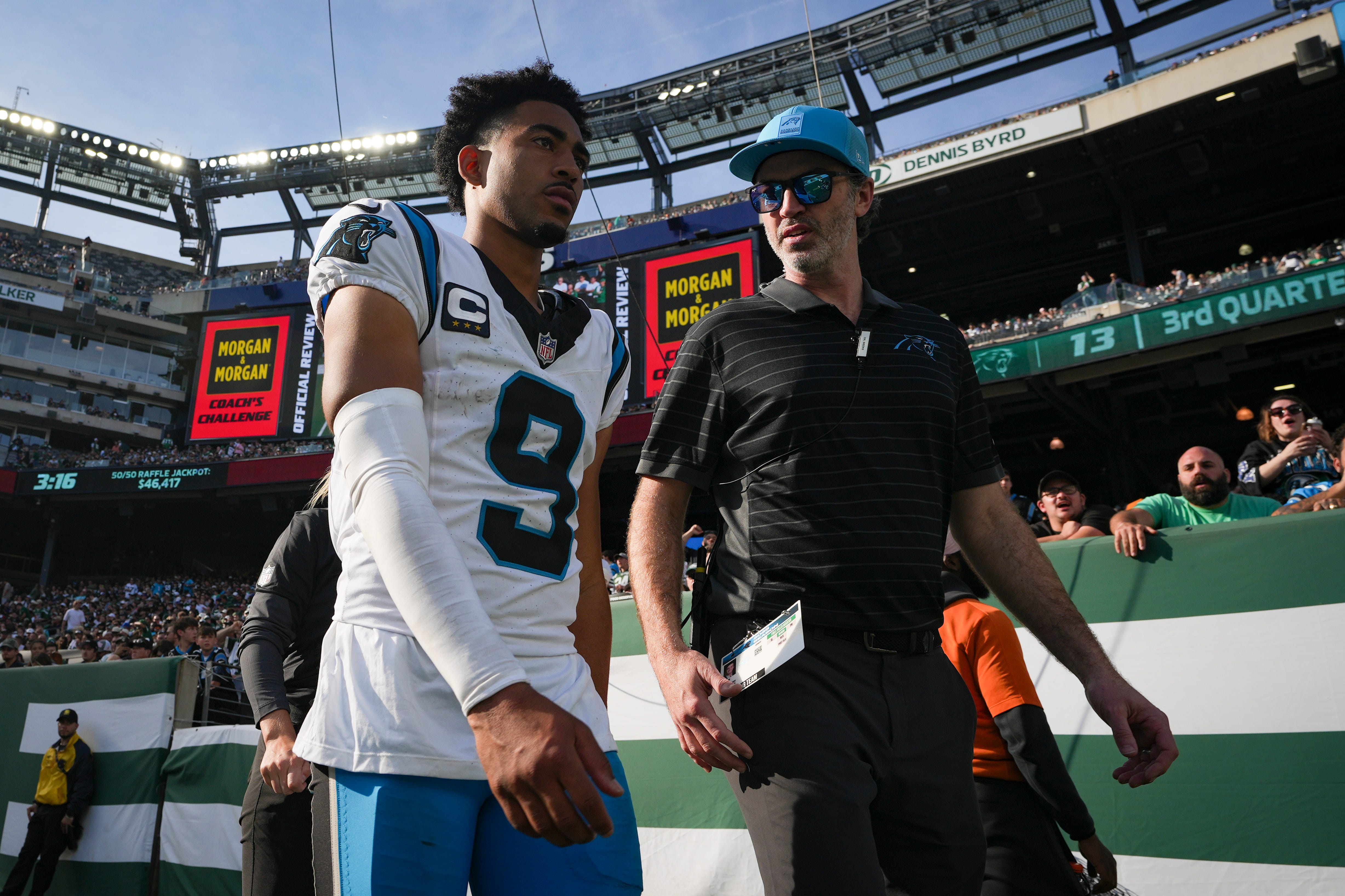 Carolina Panthers quarterback Bryce Young (9) walks out of MetLife Stadium during a game against the New York Jets, Oct 19, 2025, East Rutherford, NJ, USA.