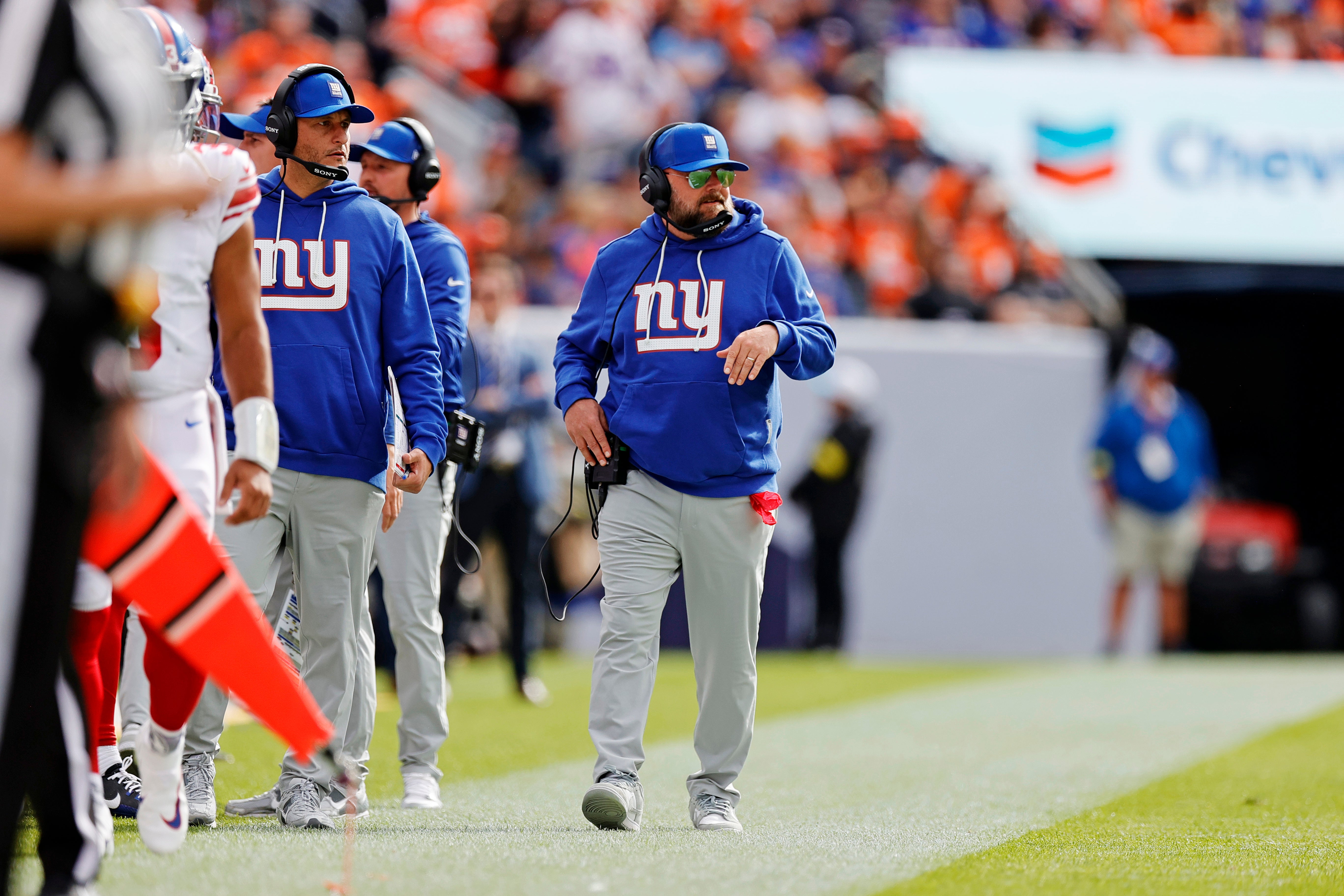 Oct 19, 2025; Denver, Colorado, USA; The New York Giants head coach Brian Daboll looks on during the first half against the Denver Broncos at Empower Field at Mile High. Images