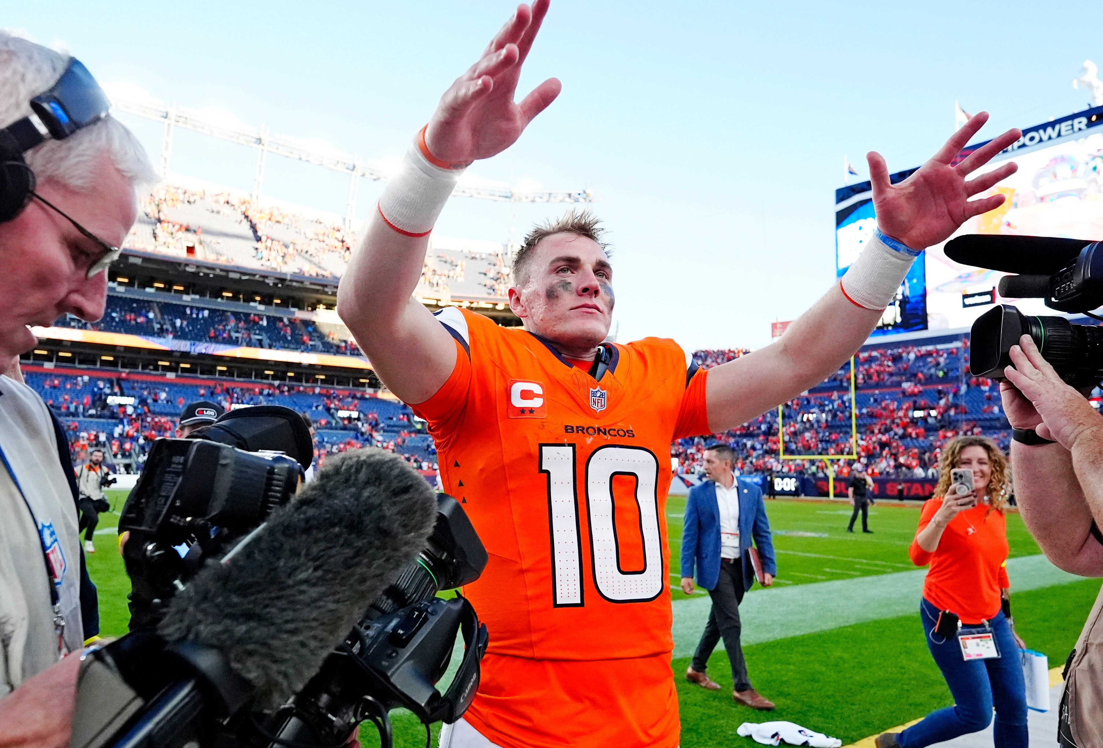 Oct 19, 2025; Denver, Colorado, USA; Denver Broncos quarterback Bo Nix (10) celebrates after the win against the New York Giants at Empower Field at Mile High.