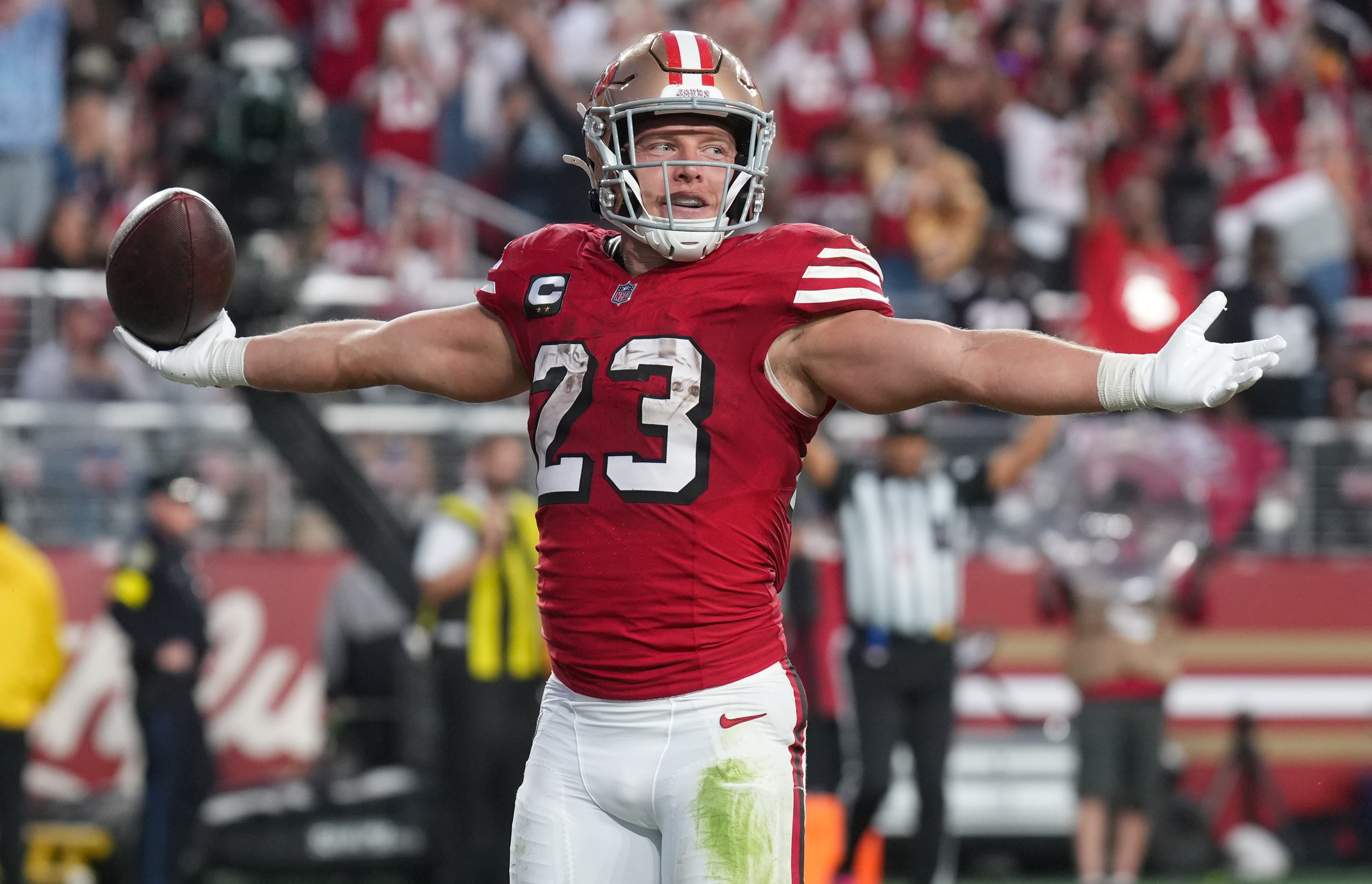 San Francisco 49ers running back Christian McCaffrey (23) celebrates after a touchdown during the second quarter against the Atlanta Falcons at Levi's Stadium