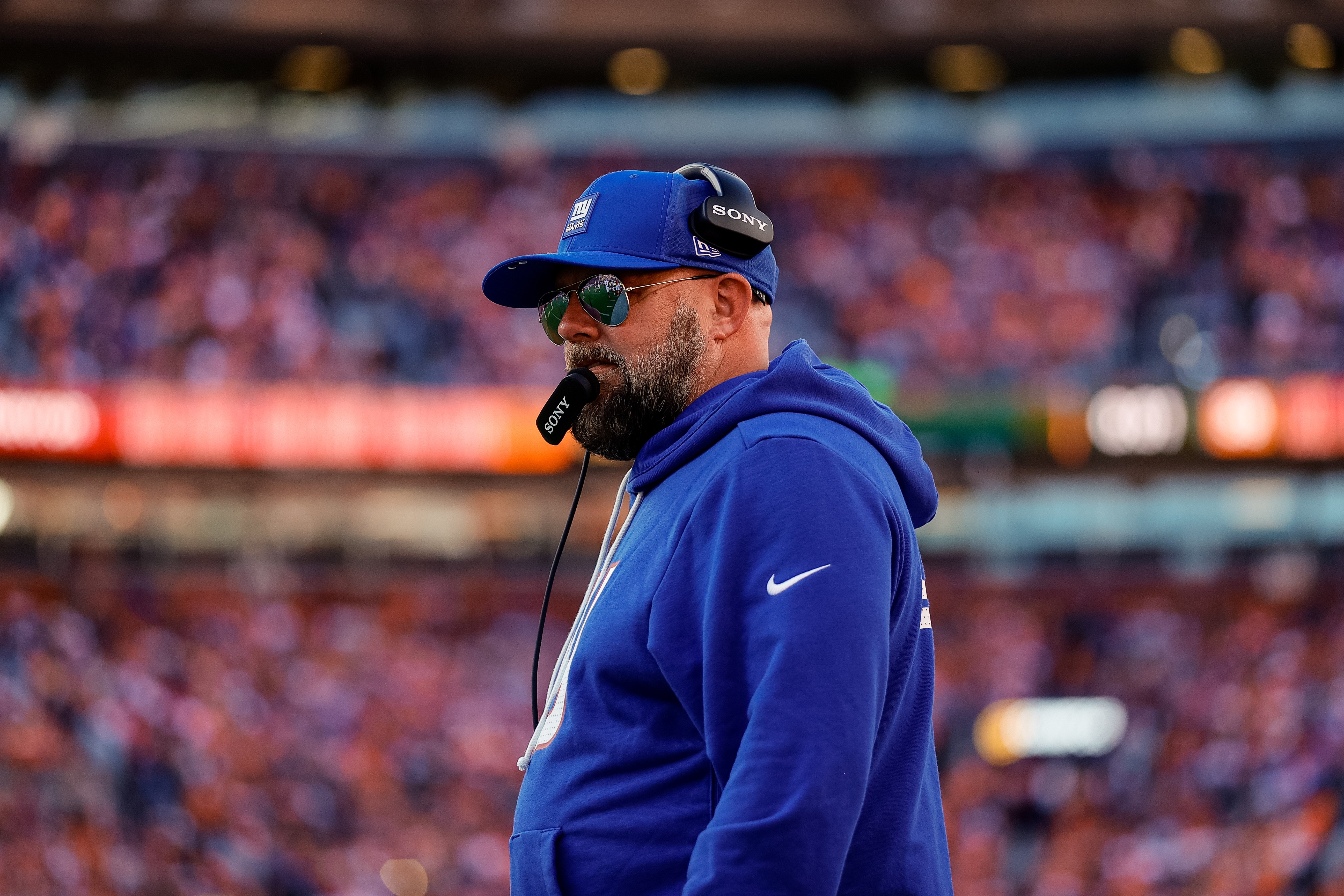 Oct 19, 2025; Denver, Colorado, USA; New York Giants head coach Brian Daboll looks on in the third quarter against the Denver Broncos at Empower Field at Mile High.