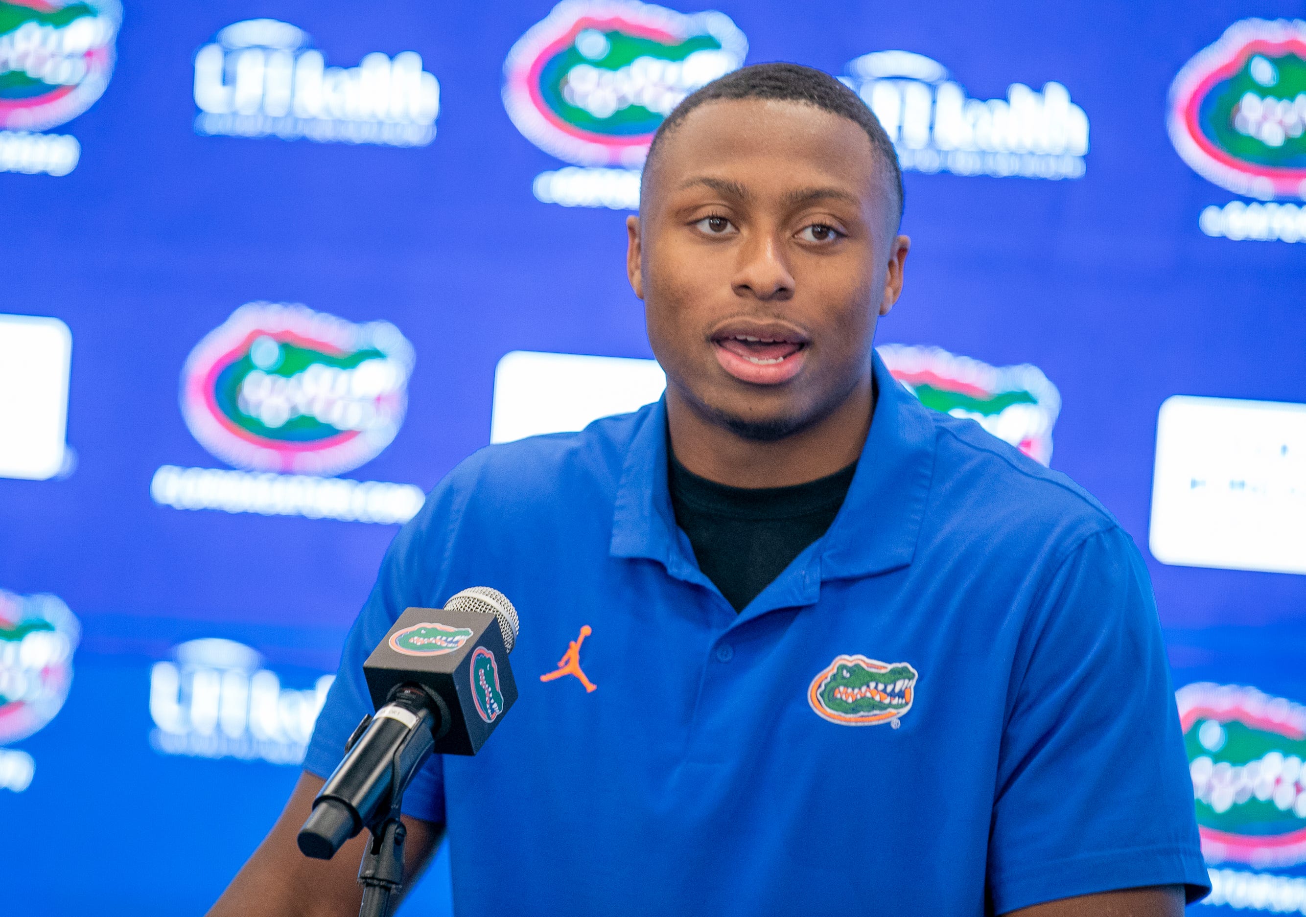 Florida quarterback DJ Lagway (2) takes questions during a press conference about Billy Napier’s firing at Heavener Football Center in Gainesville, FL on Monday, October 20, 2025.