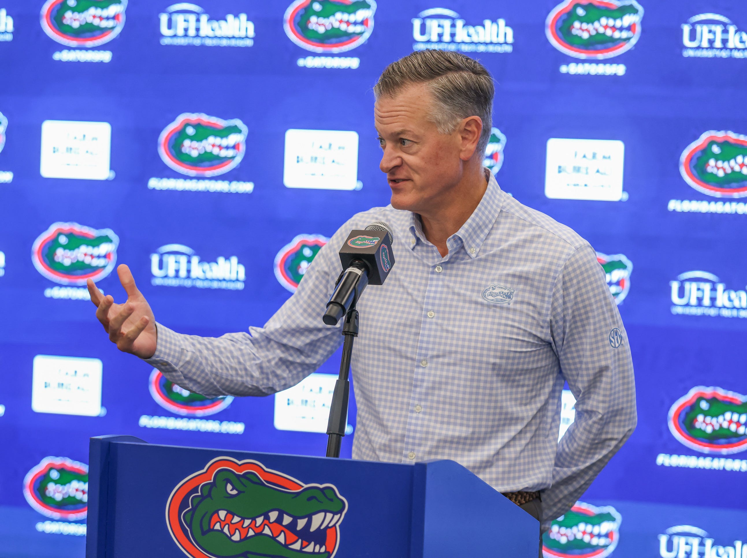 University of Florida athletic director Scott Stricklin addresses the media in a press conference on Oct. 20, 2025.