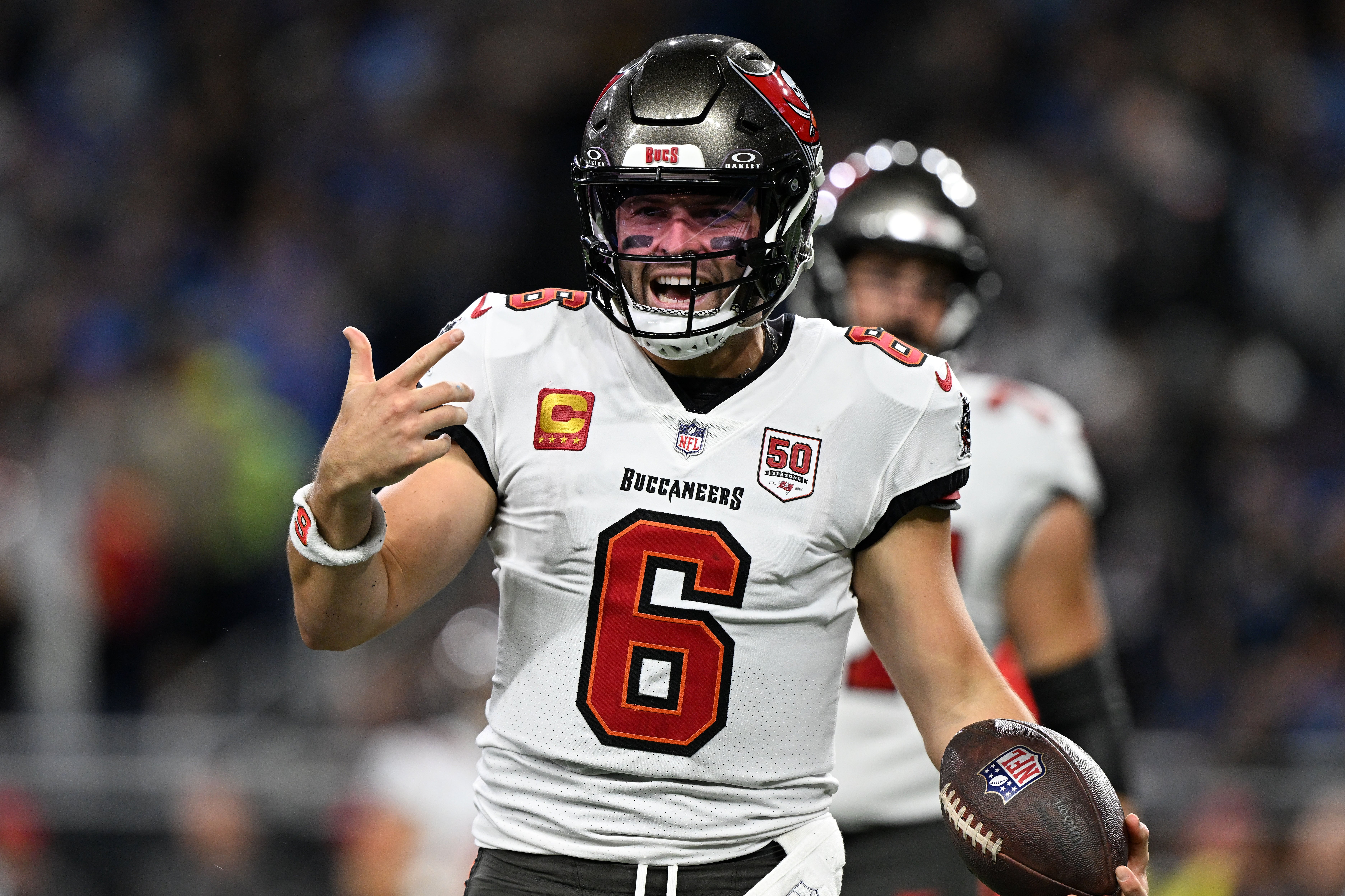 Oct 20, 2025; Detroit, Michigan, USA; Tampa Bay Buccaneers quarterback Baker Mayfield (6) reacts against the Detroit Lions during the first half at Ford Field.