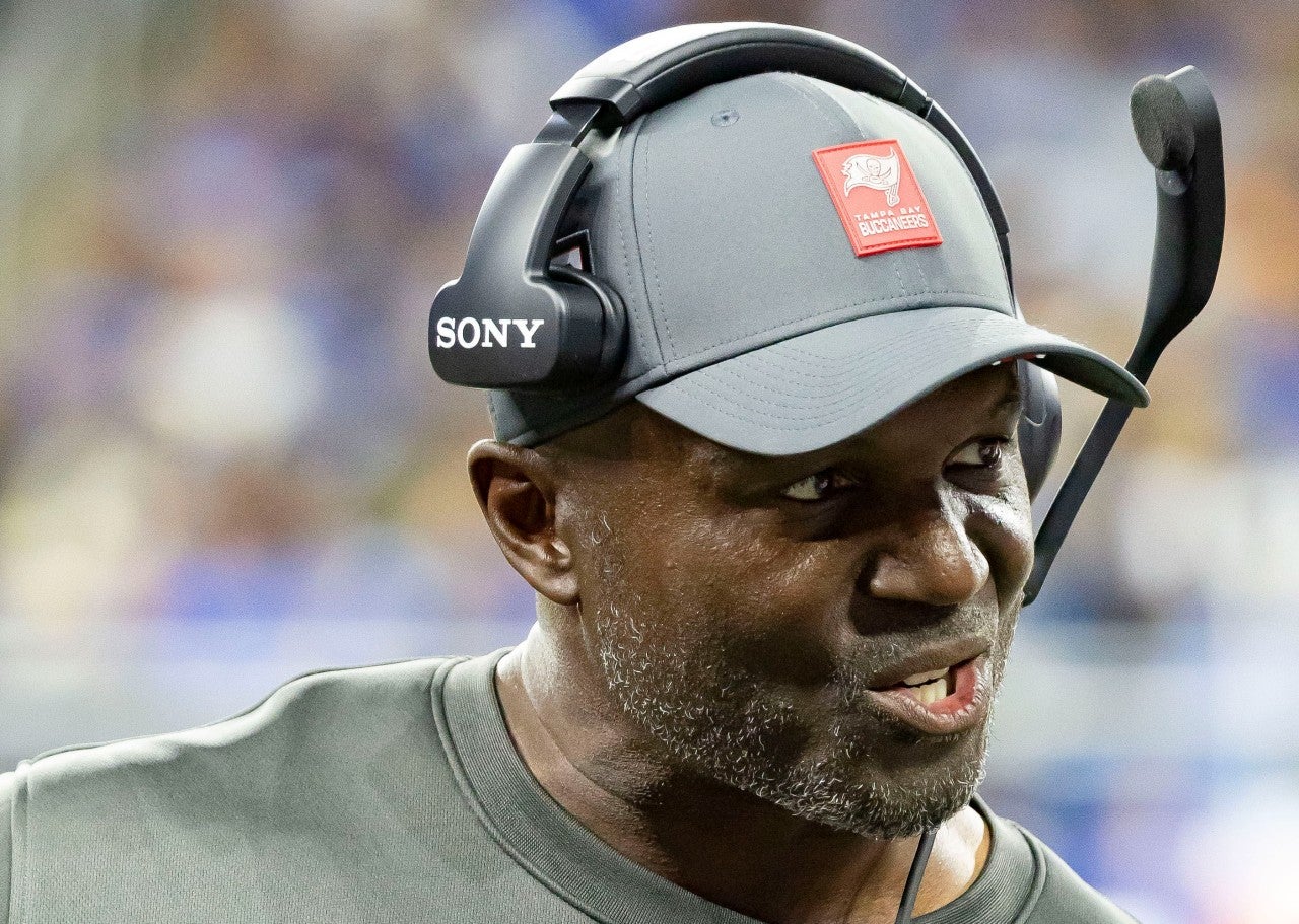 Oct 20, 2025; Detroit, Michigan, USA; Tampa Bay Buccaneers head coach Todd Bowles reacts during the first half at Ford Field.