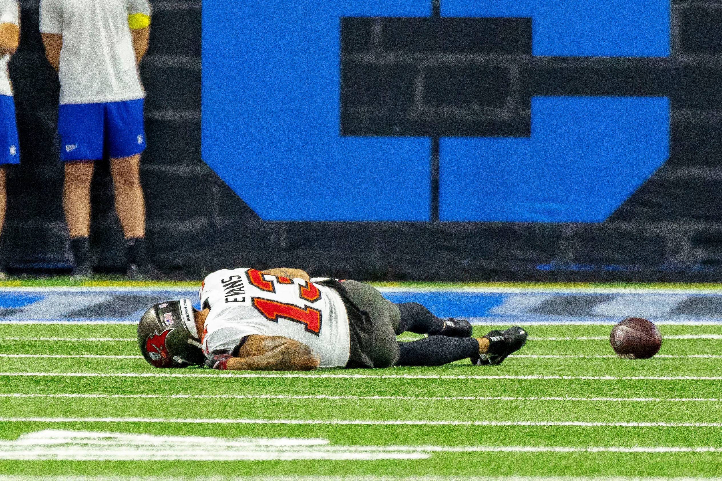 Oct 20, 2025; Detroit, Michigan, USA; Tampa Bay Buccaneers wide receiver Mike Evans (13) lays on the turf after an injury against the Detroit Lions during the first half at Ford Field.