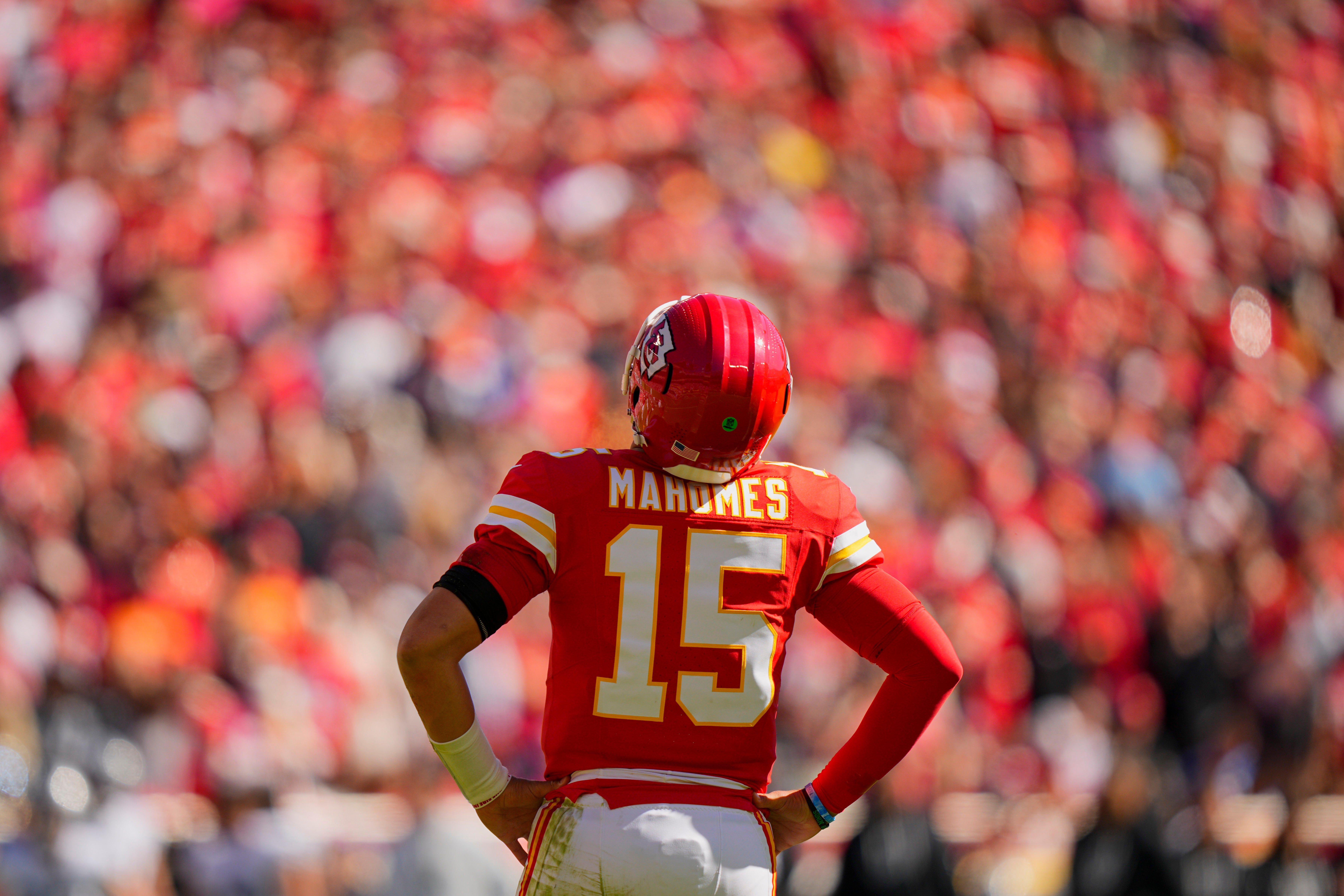 Kansas City Chiefs quarterback Patrick Mahomes (15) reacts during the first half against the Las Vegas Raiders at GEHA Field at Arrowhead Stadium.
