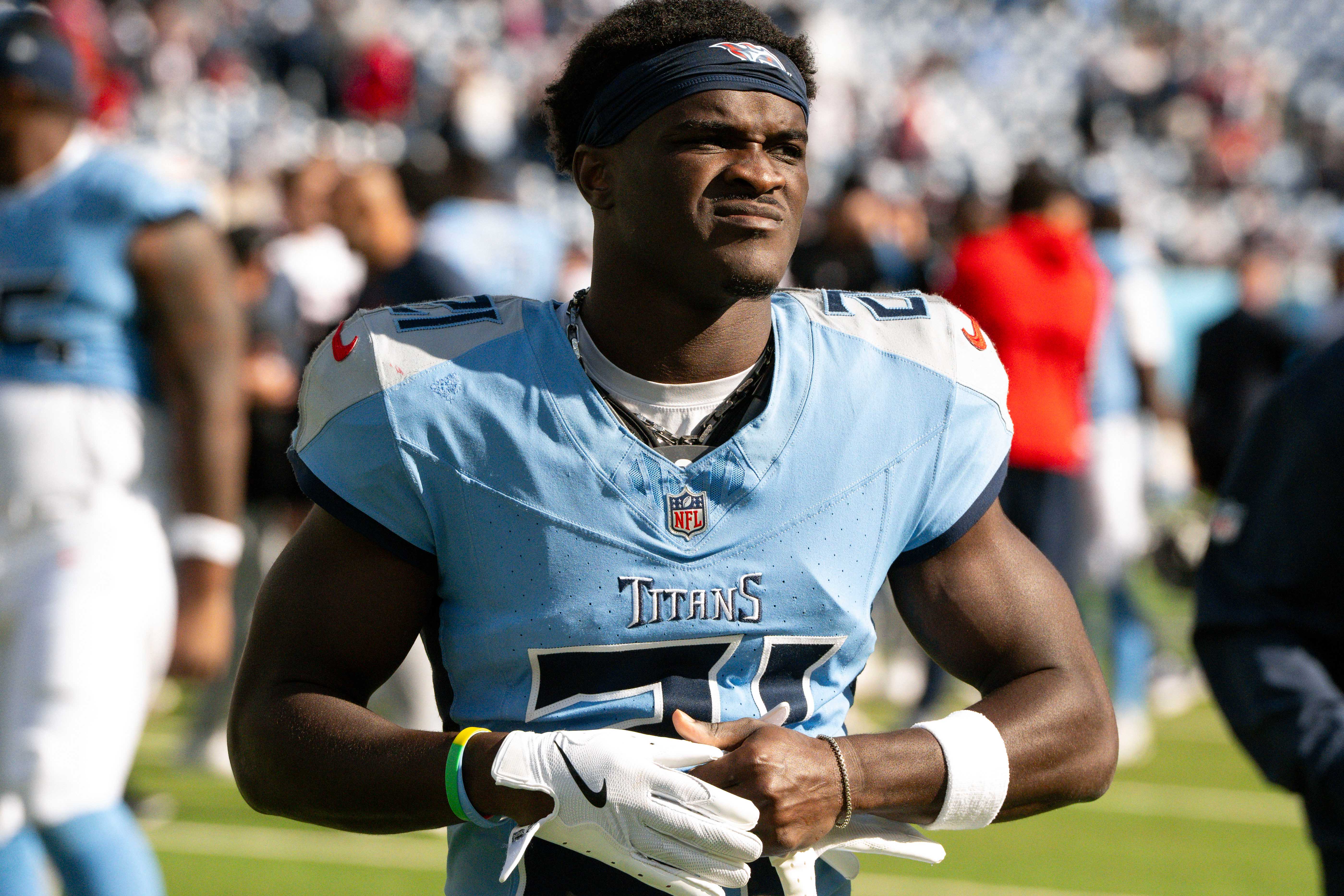 Oct 19, 2025; Nashville, Tennessee, USA; Tennessee Titans cornerback Roger McCreary (21) walks off the field post game against the New England Patriots at Nissan Stadium.