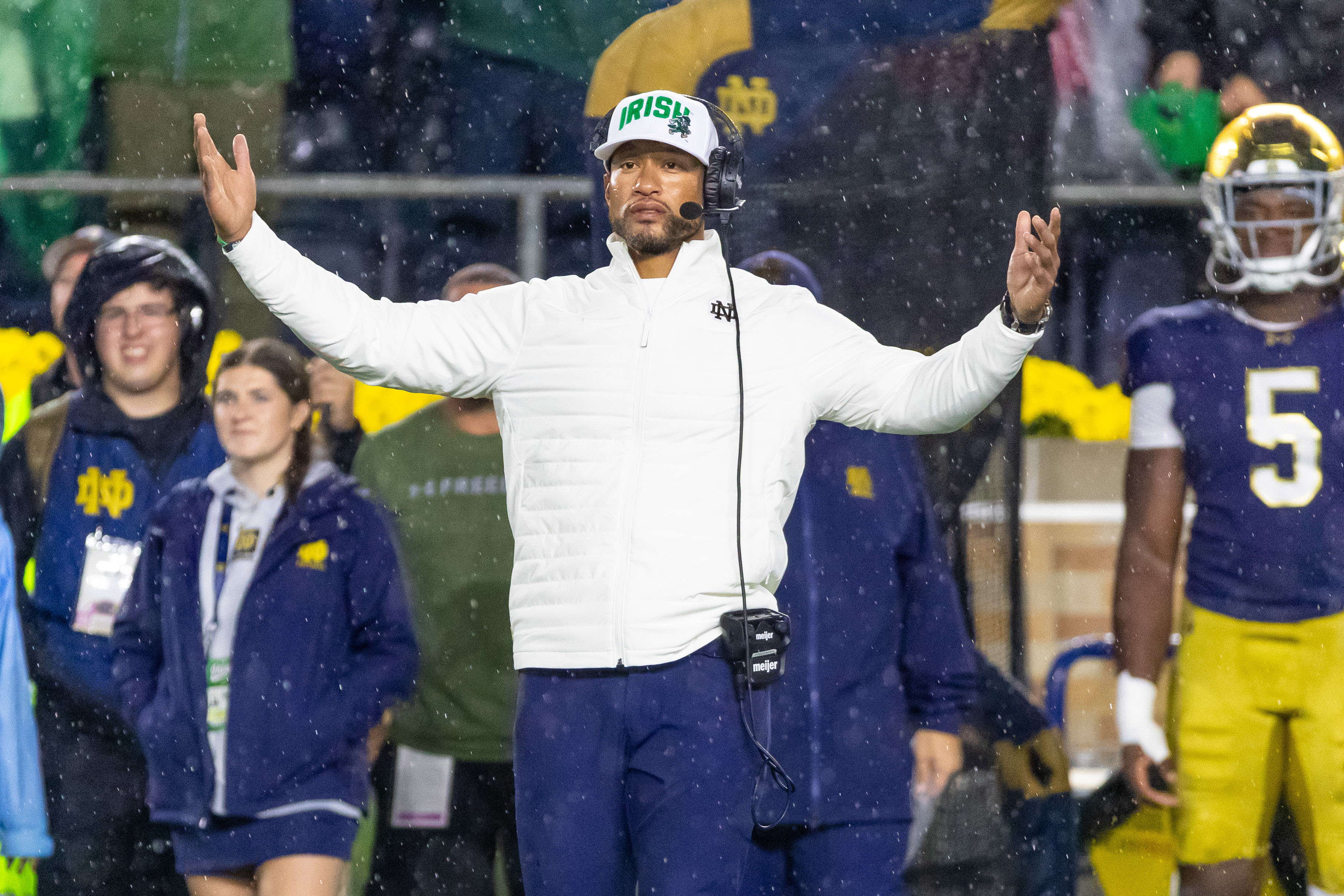 Oct 18, 2025; South Bend, Indiana, USA; Notre Dame Fighting Irish head coach Marcus Freeman reacts to the play against the Southern California Trojans during the second half at Notre Dame Stadium. Mandatory Credit: Michael Caterina-Imagn Images