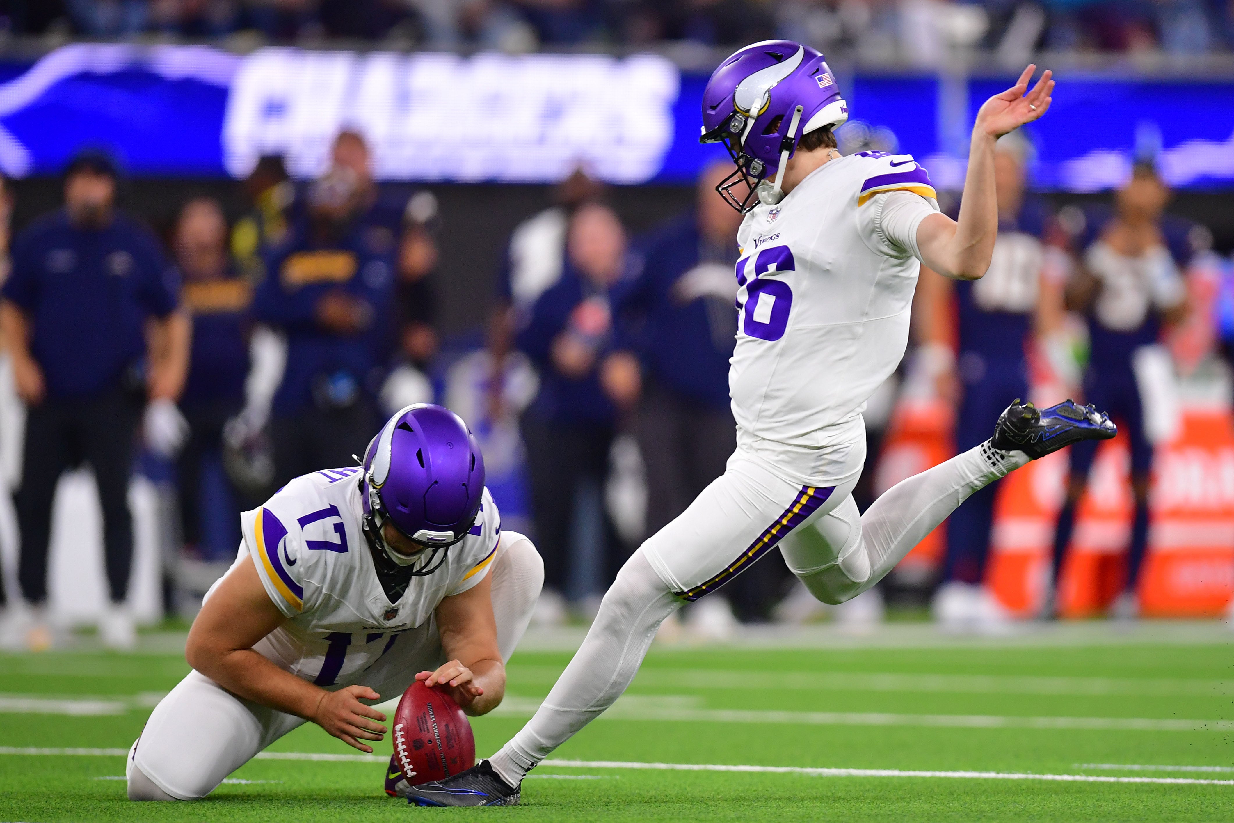 Oct 23, 2025; Inglewood, California, USA; Minnesota Vikings place kicker Will Reichard (16) kicks a field goal against the Los Angeles Chargers during the second half at SoFi Stadium.
