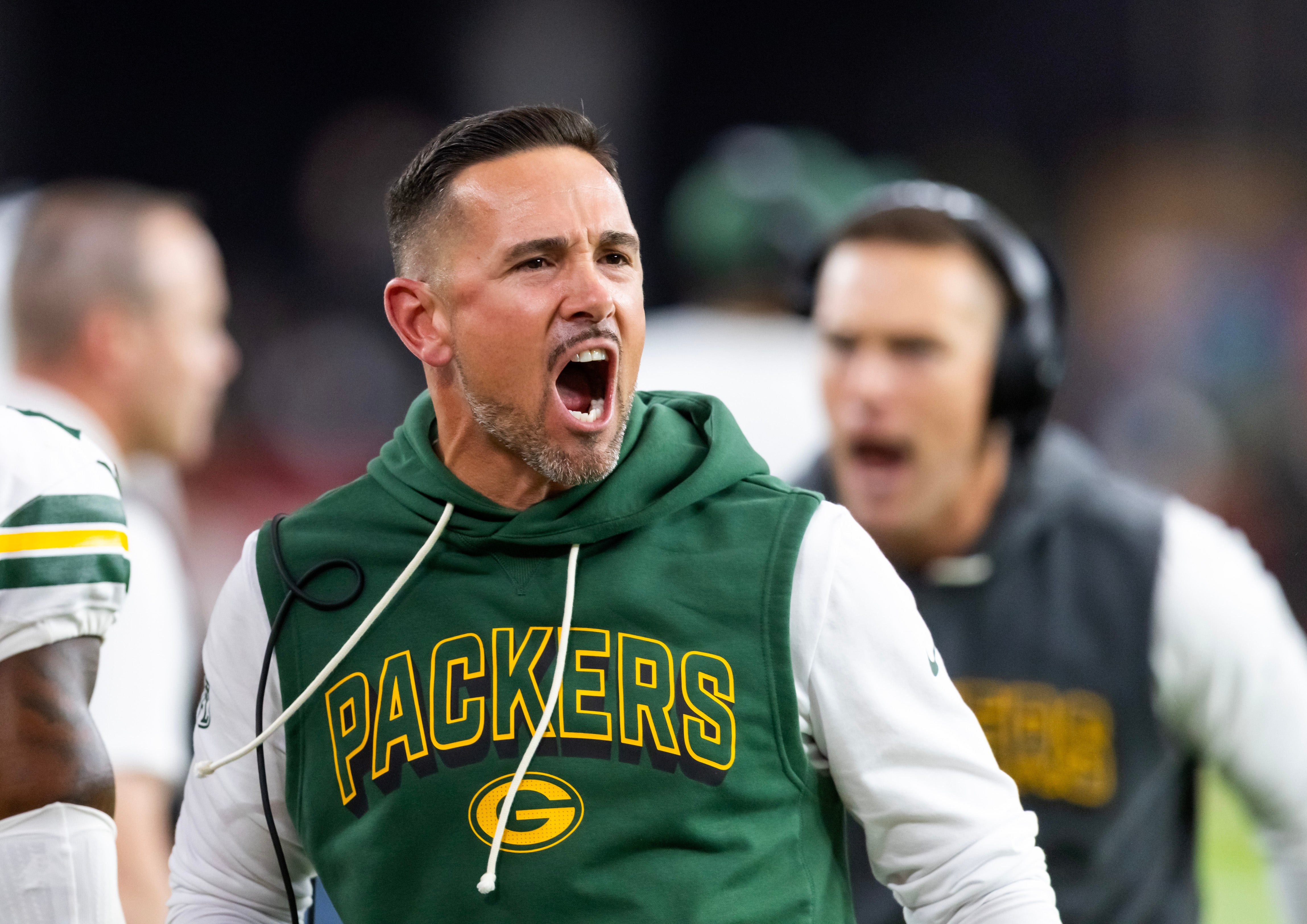 Oct 19, 2025; Glendale, Arizona, USA; Green Bay Packers head coach Matt LaFleur reacts against the Arizona Cardinals at State Farm Stadium.