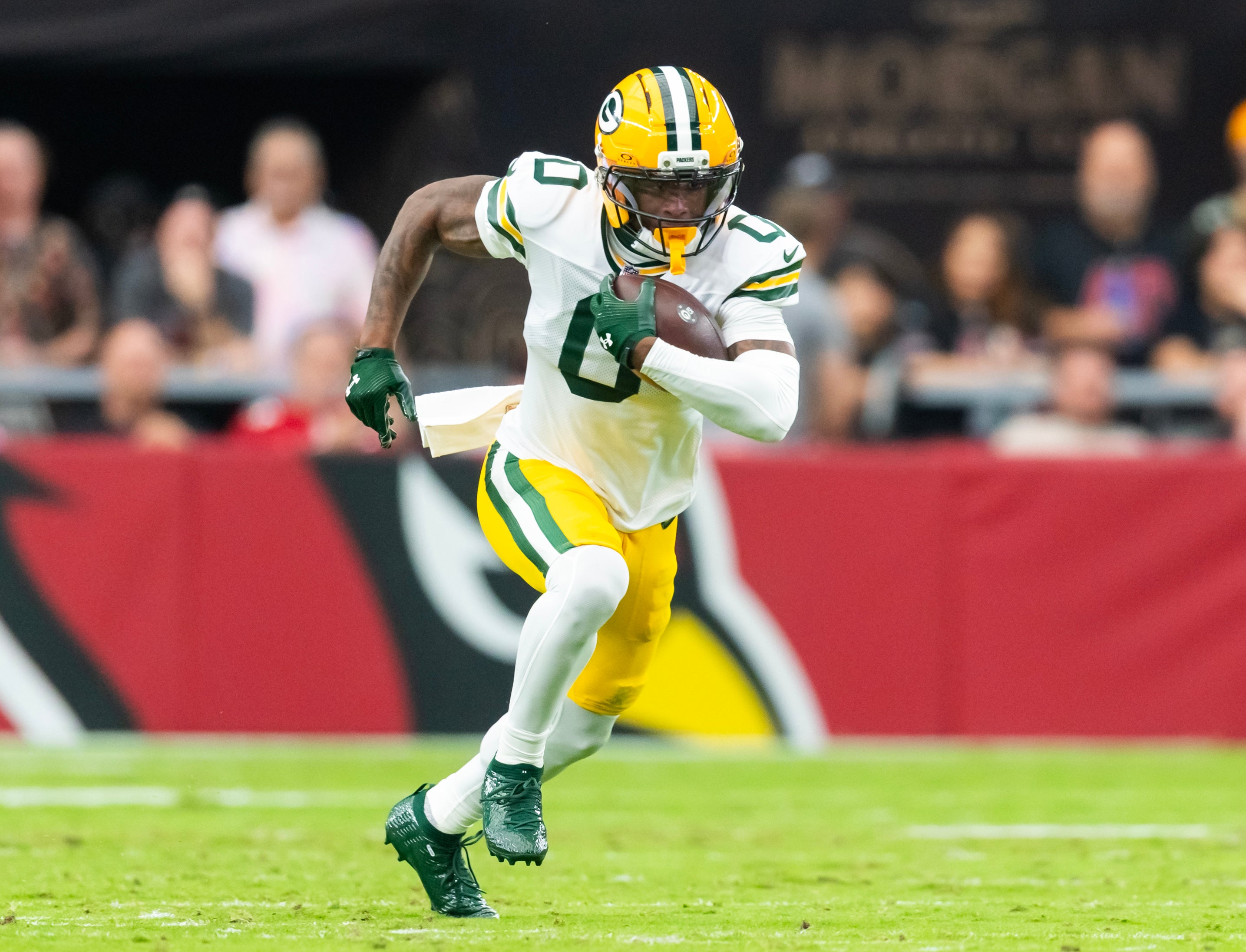 Oct 19, 2025; Glendale, Arizona, USA; Green Bay Packers wide receiver Matthew Golden (0) against the Arizona Cardinals at State Farm Stadium.