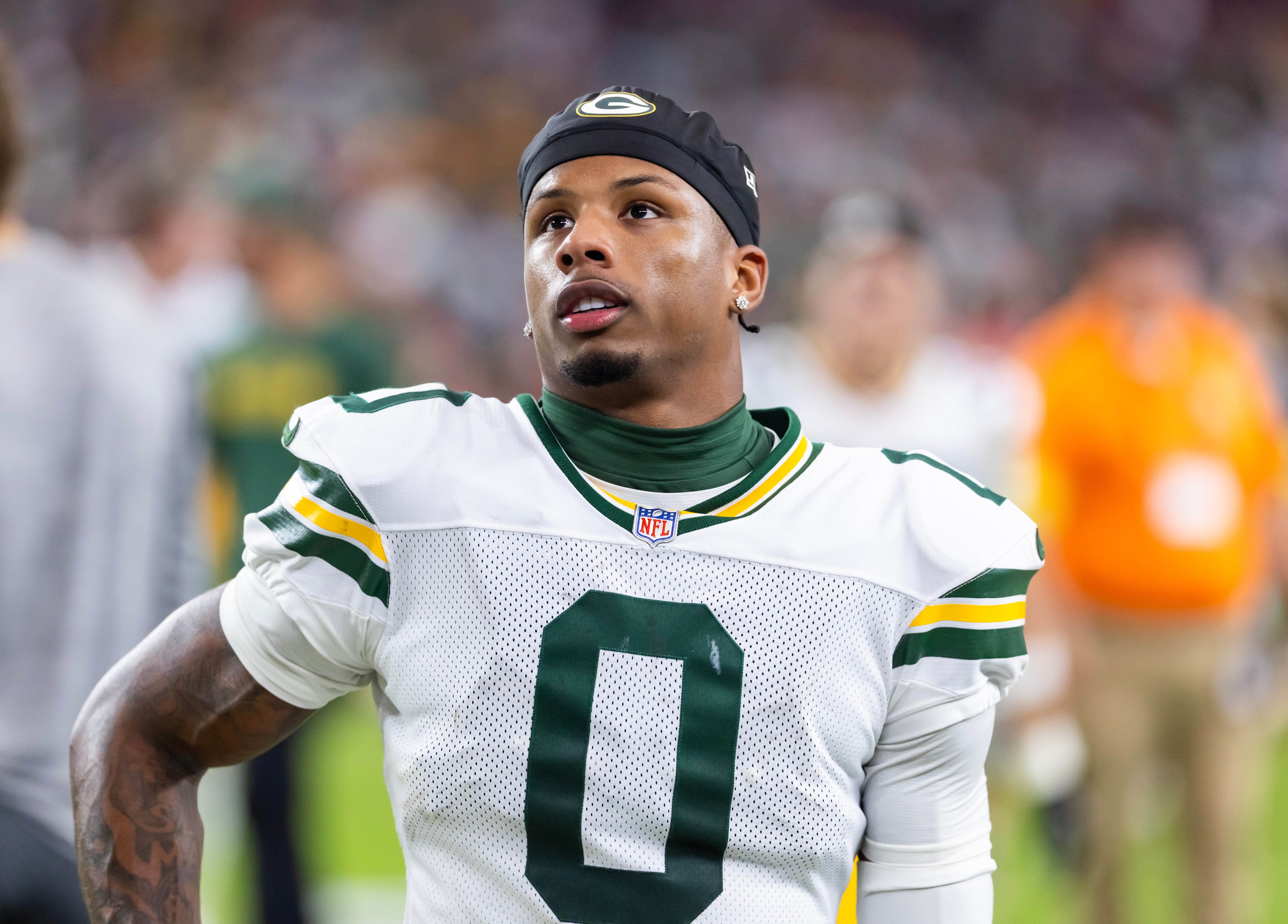 Oct 19, 2025; Glendale, Arizona, USA; Green Bay Packers wide receiver Matthew Golden (0) against the Arizona Cardinals at State Farm Stadium.