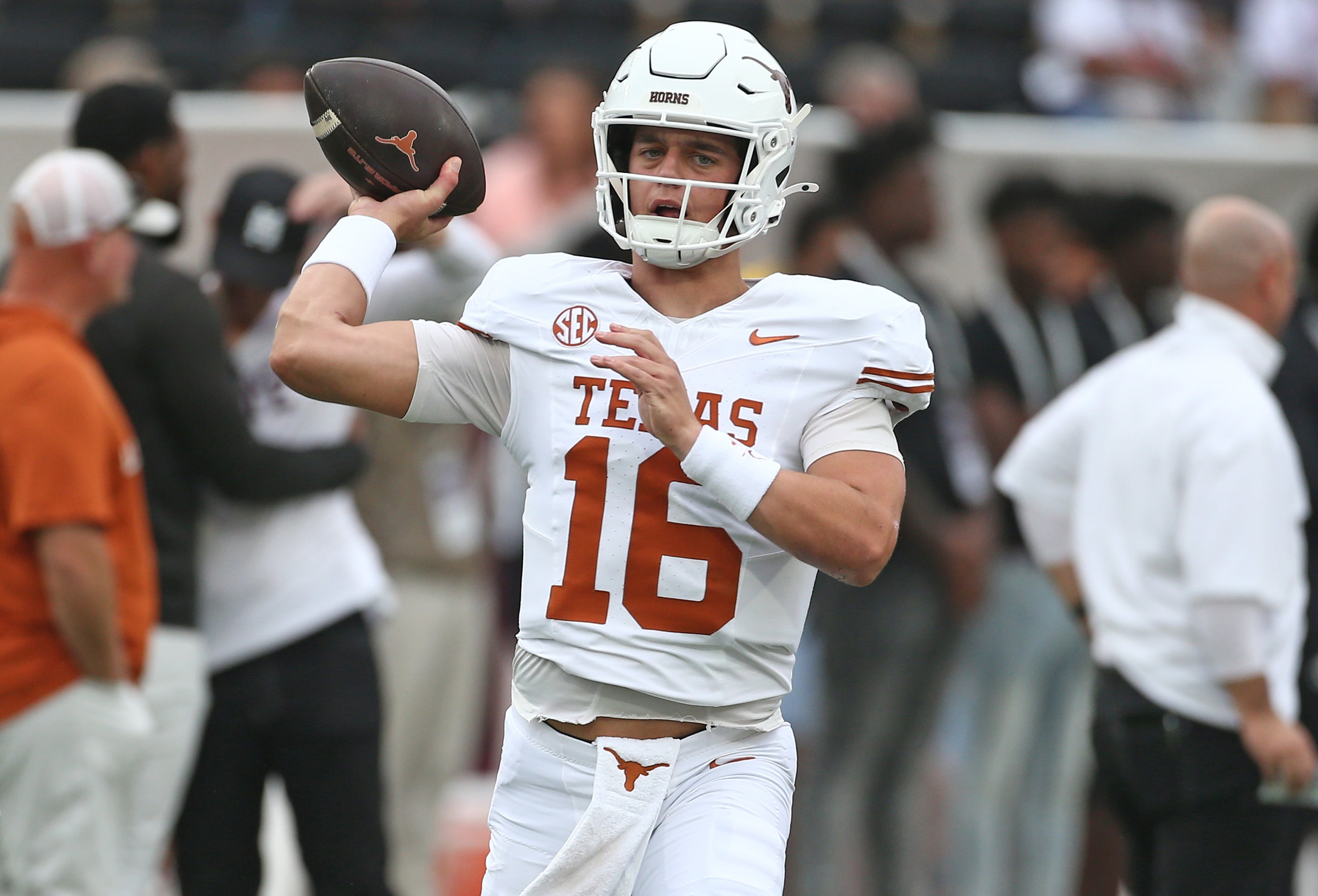 Oct 25, 2025; Starkville, Mississippi, USA; Texas Longhorns quarterback Arch Manning (16) passes the ball during warm ups prior to the game against the Mississippi State Bulldogs at Davis Wade Stadium at Scott Field. Mandatory Credit: Petre Thomas-Imagn Images