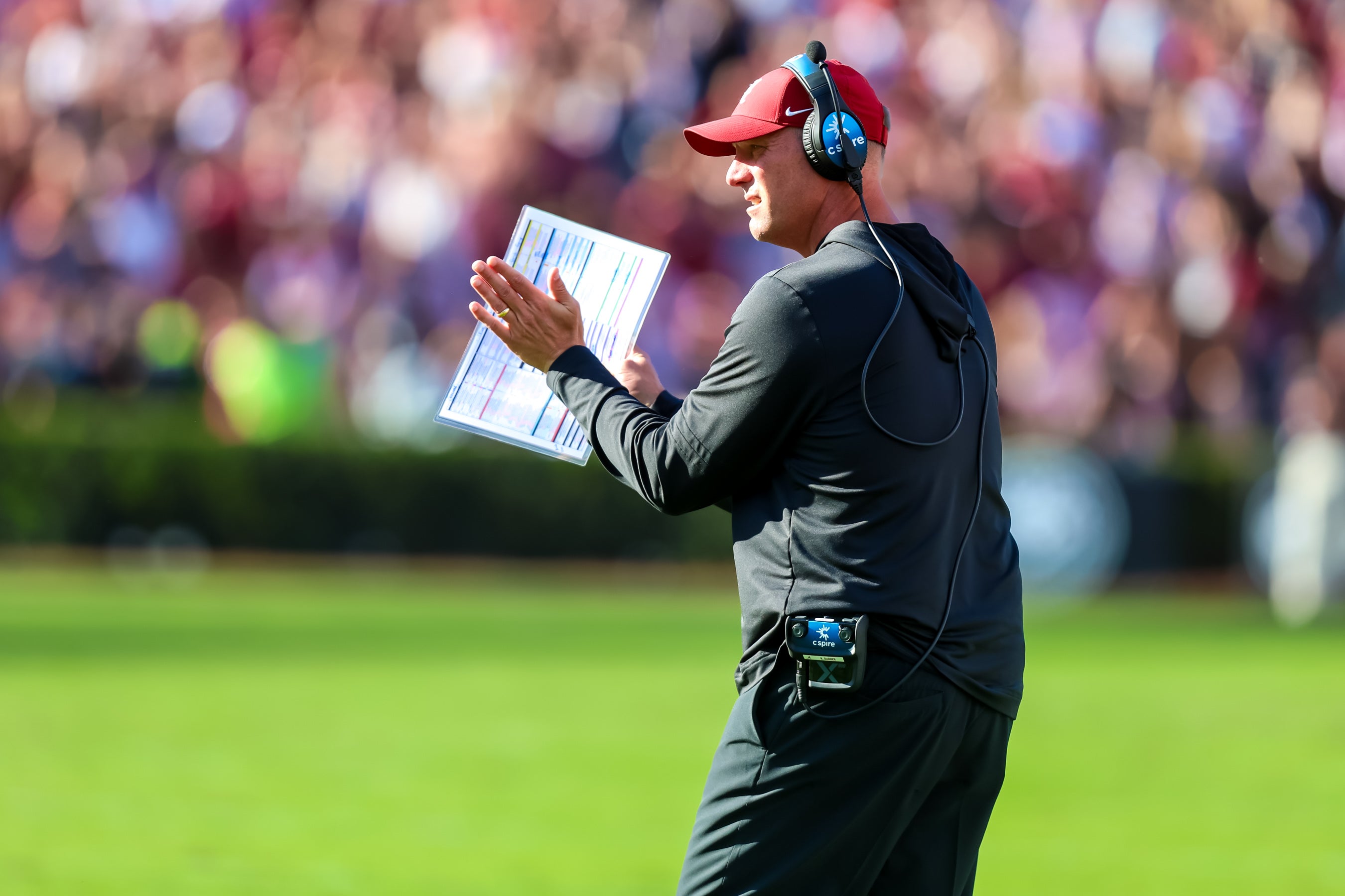 Oct 25, 2025; Columbia, South Carolina, USA; Alabama Crimson Tide head coach Kalen Deboer directs his team against the South Carolina Gamecocks in the first quarter at Williams-Brice Stadium.