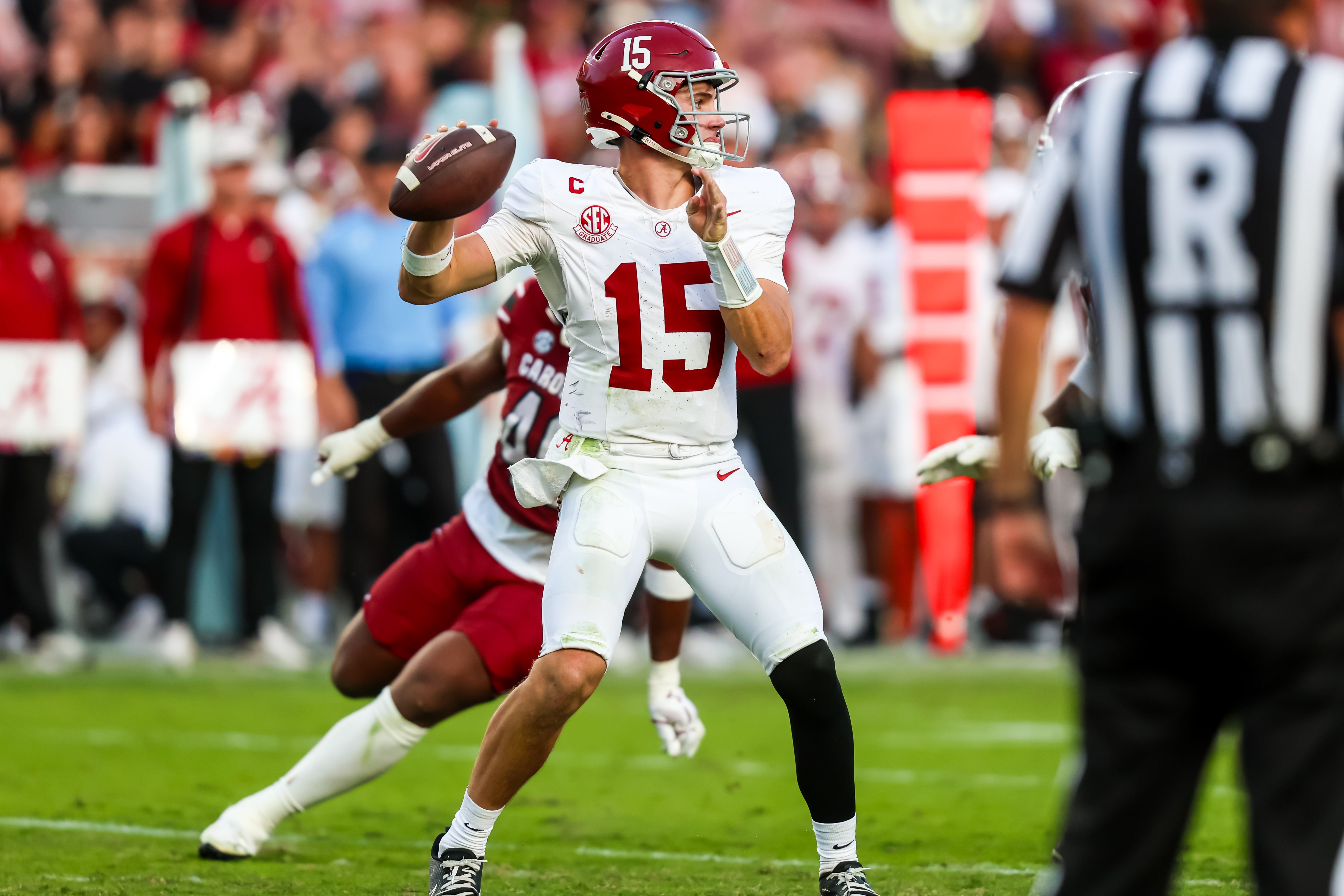 Oct 25, 2025; Columbia, South Carolina, USA; Alabama Crimson Tide quarterback Ty Simpson (15) passes against the South Carolina Gamecocks in the second half at Williams-Brice Stadium.