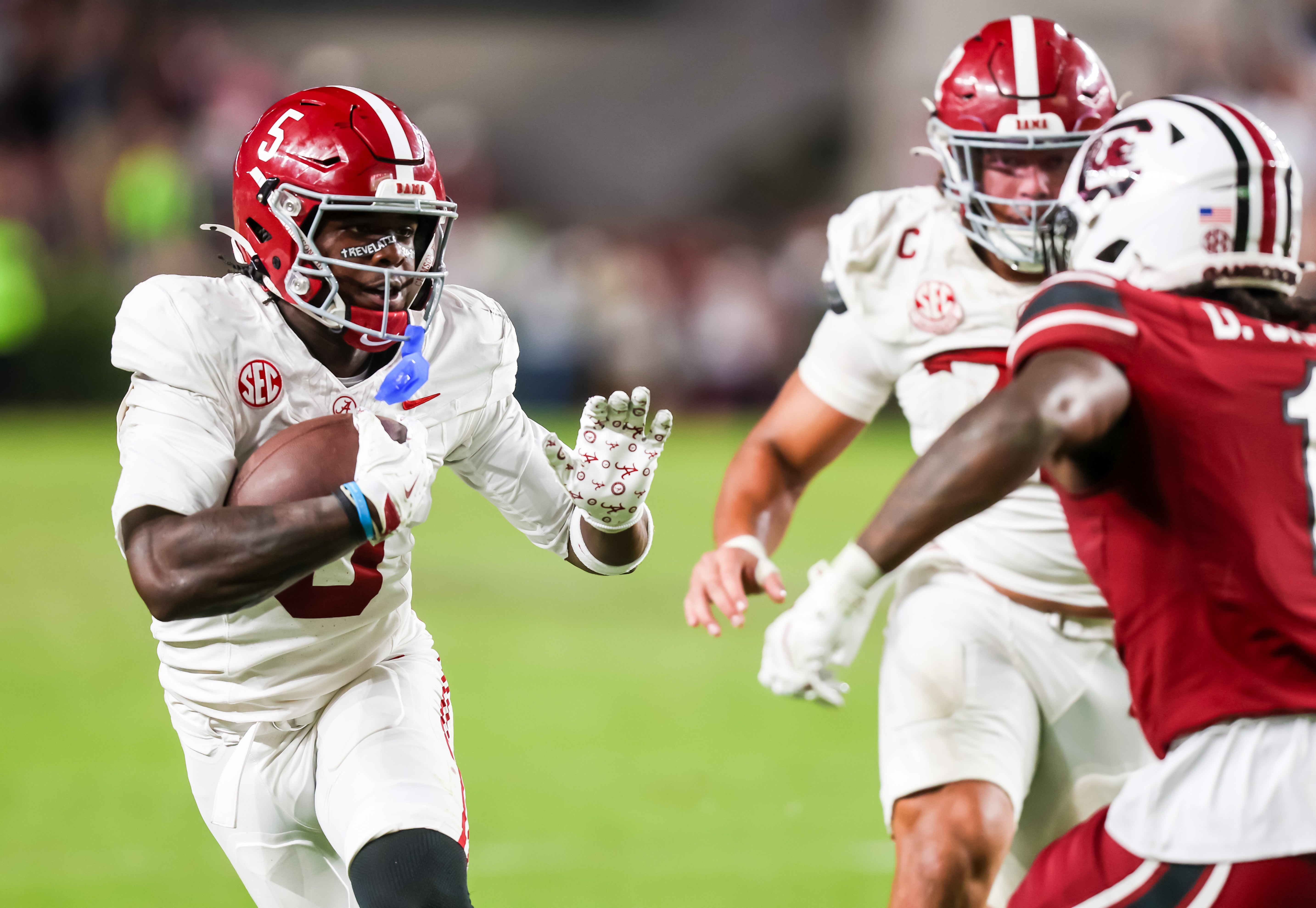 Oct 25, 2025; Columbia, South Carolina, USA; Alabama Crimson Tide wide receiver Germie Bernard (5) rushes against the South Carolina Gamecocks in the second half at Williams-Brice Stadium.
