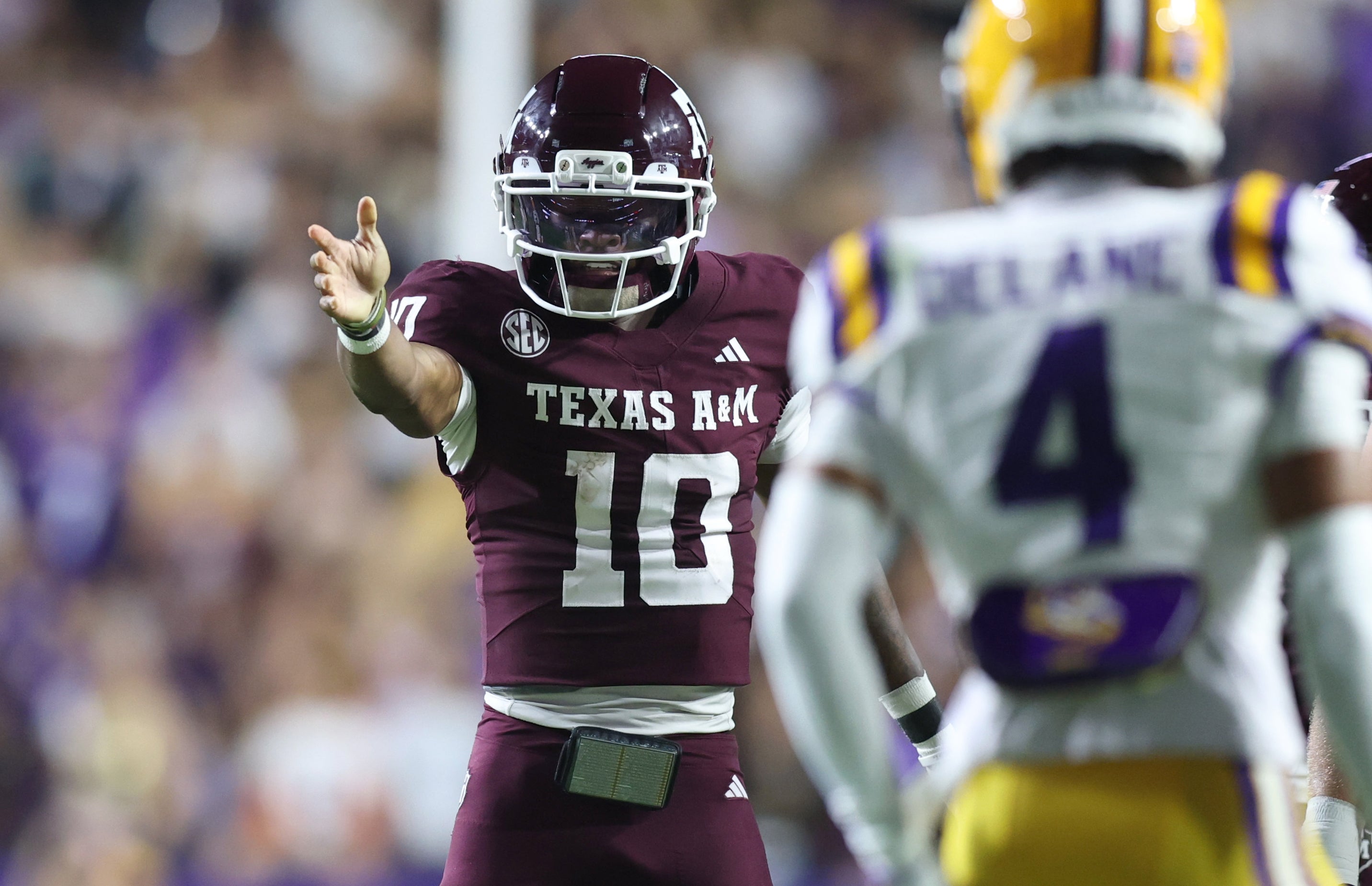 Oct 25, 2025; Baton Rouge, Louisiana, USA; Texas A&M Aggies quarterback Marcel Reed (10) celebrates after a first down during the first half against the Louisiana State Tigers at Tiger Stadium.