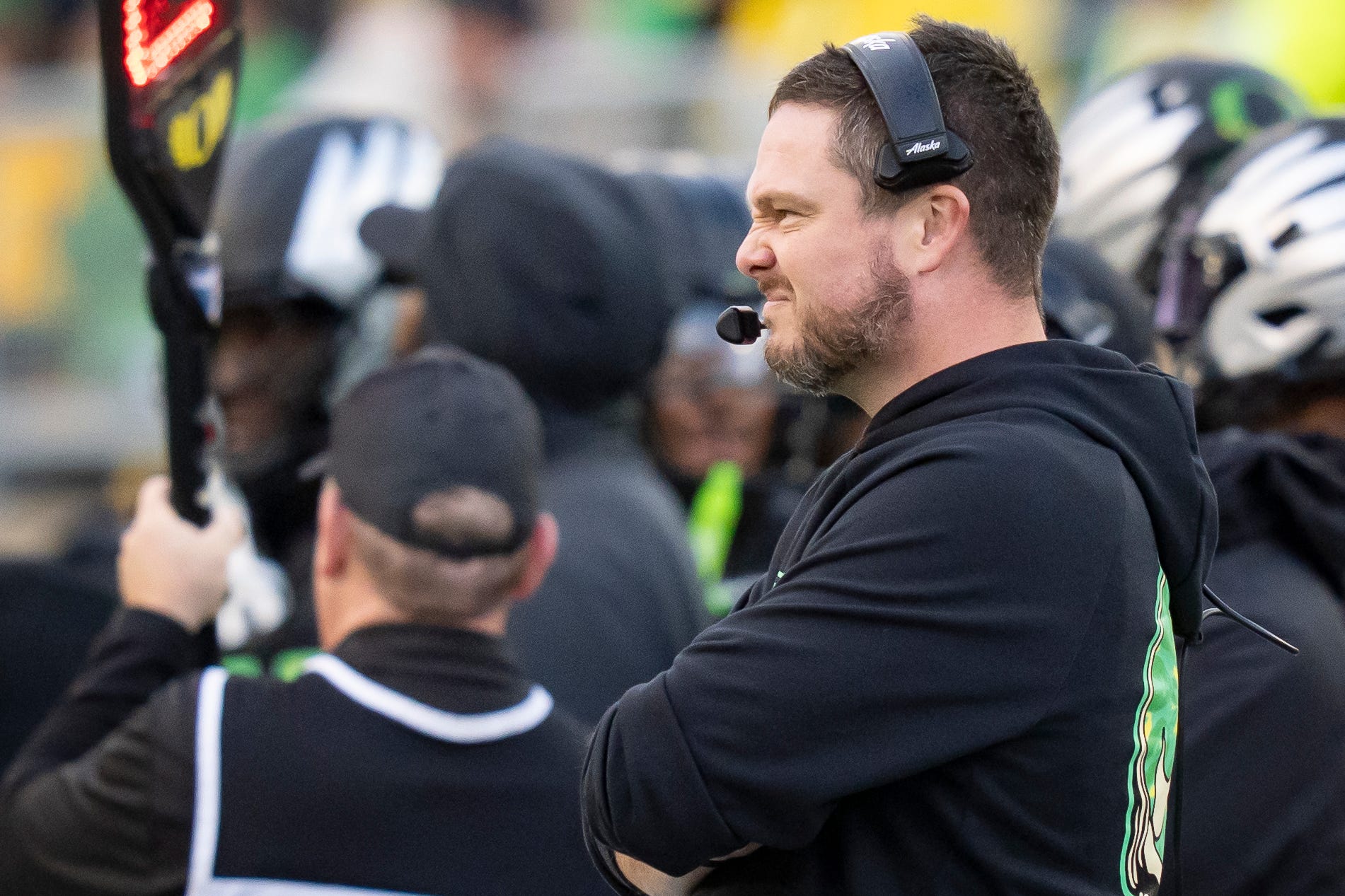 Oregon head coach Dan Lanning looks on as the Oregon Ducks host the Wisconsin Badgers on Oct. 25, 2025, at Autzen Stadium in Eugene, Oregon.