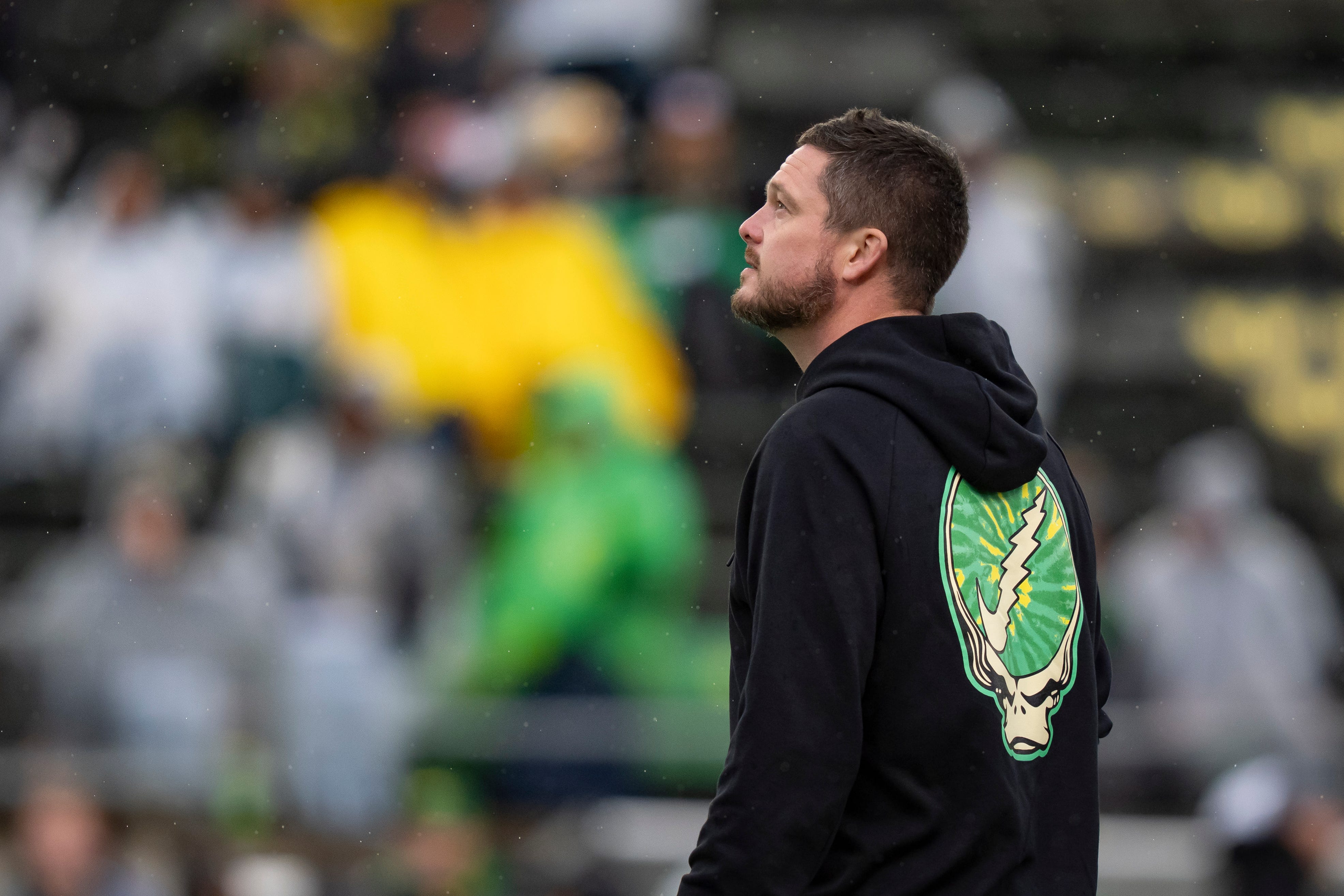 Oregon head coach Dan Lanning walks the field before the game as the Oregon Ducks host the Wisconsin Badgers on Oct. 25, 2025, at Autzen Stadium in Eugene, Oregon.