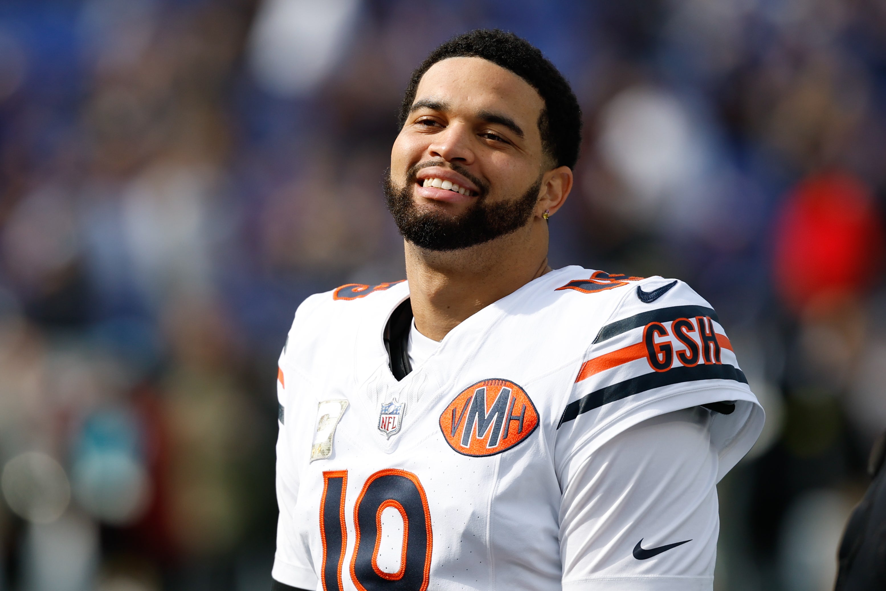 Oct 26, 2025; Baltimore, Maryland, USA; Chicago Bears quarterback Caleb Williams (18) looks on before the game against the Baltimore Ravens at M&T Bank Stadium.