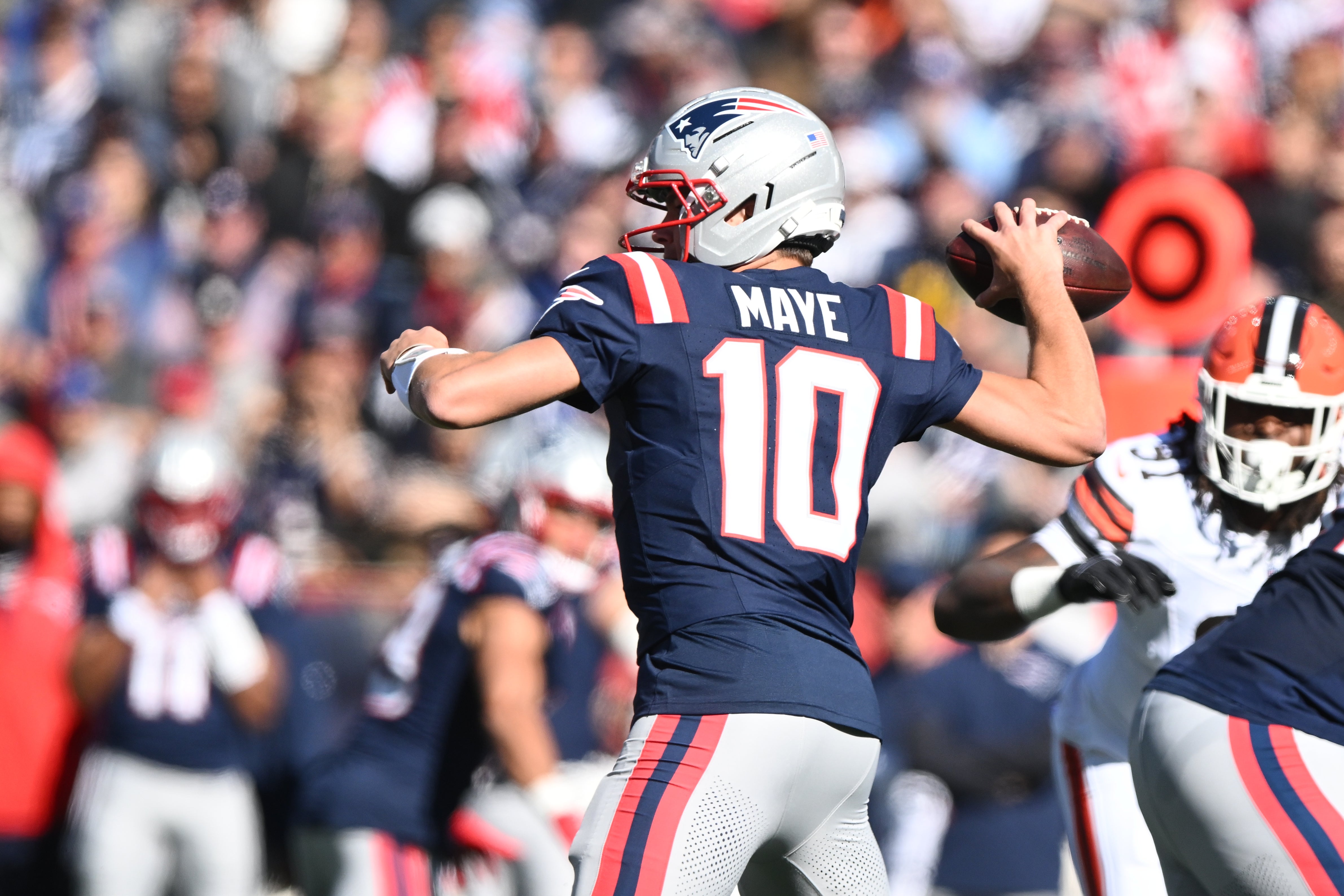 Oct 26, 2025; Foxborough, Massachusetts, USA; New England Patriots quarterback Drake Maye (10) looks to pass during the first quarter against the Cleveland Browns at Gillette Stadium.