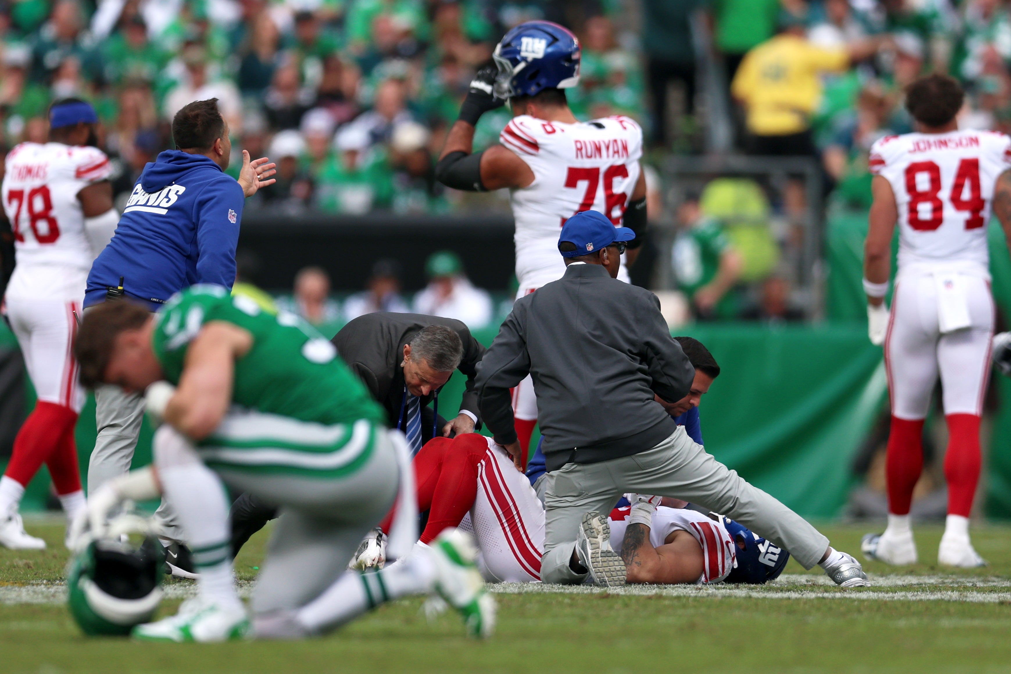 Oct 26, 2025; Philadelphia, Pennsylvania, USA; (EDITORS NOTE: graphic image) Medical staff attend to New York Giants running back Cam Skattebo (44) after an injury on a play against the Philadelphia Eagles in the second quarter at Lincoln Financial Field.