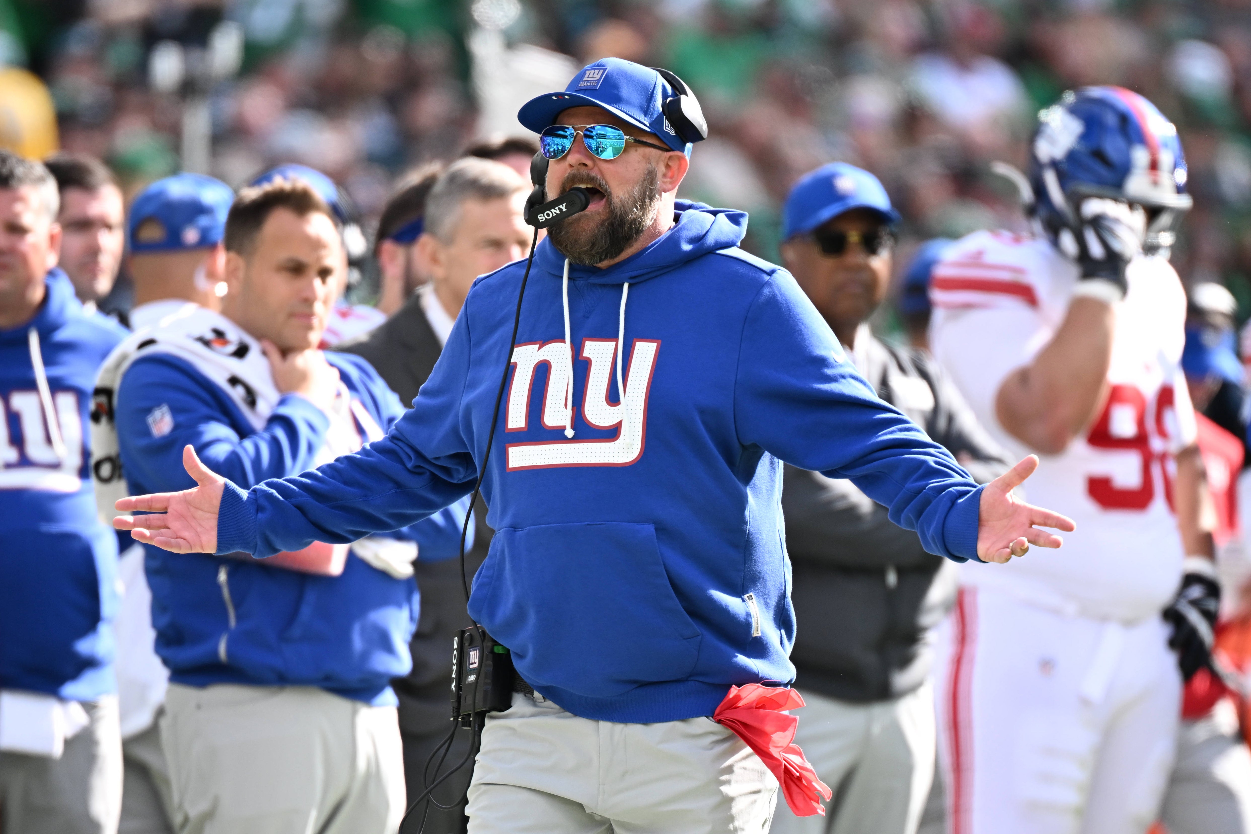 Oct 26, 2025; Philadelphia, Pennsylvania, USA; New York Giants head coach Brian Daboll reacts in the second quarter against the Philadelphia Eagles at Lincoln Financial Field.