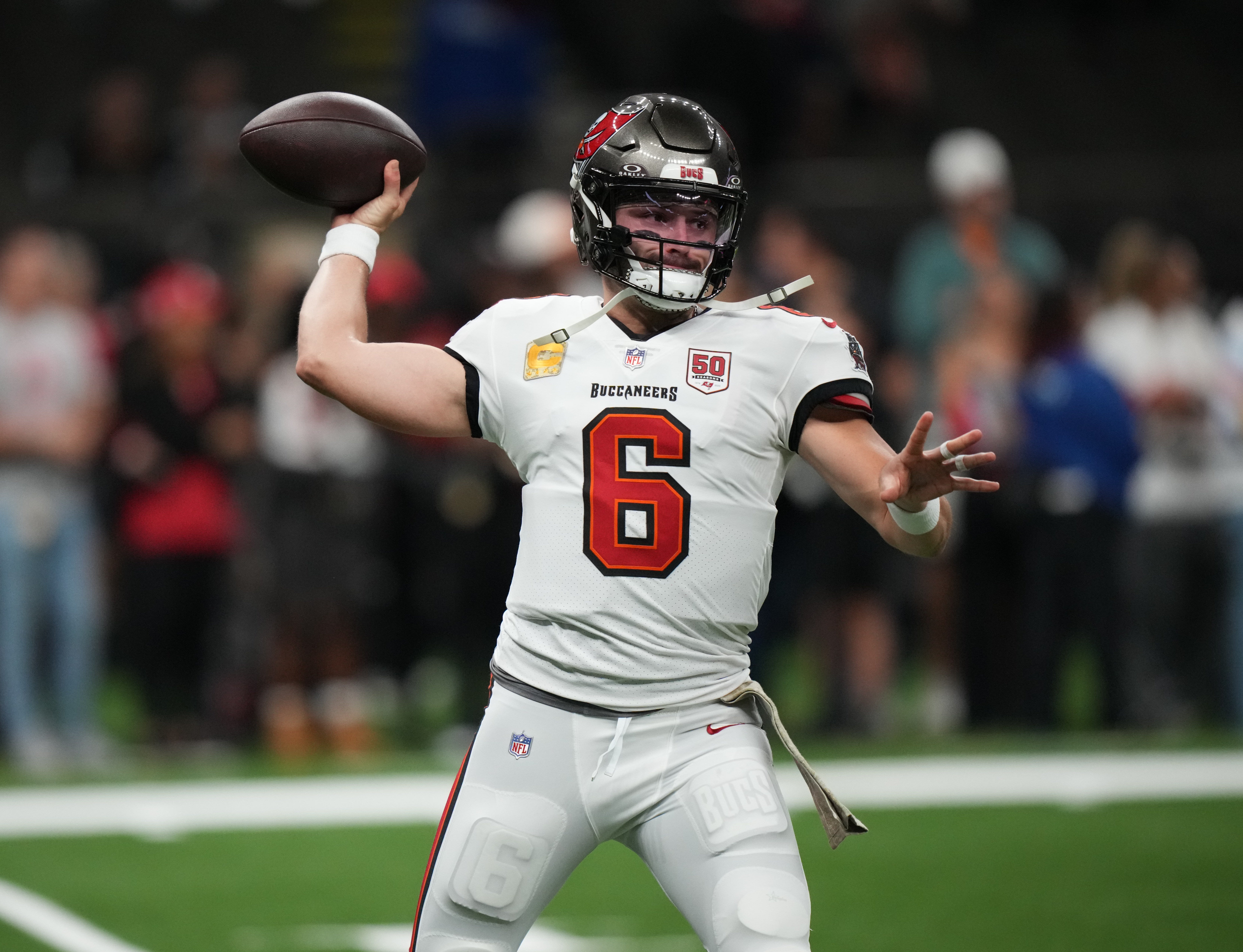 Oct 26, 2025; New Orleans, Louisiana, USA; Tampa Bay Buccaneers quarterback Baker Mayfield (6) warms up before a game against the New Orleans Saints at Caesars Superdome.