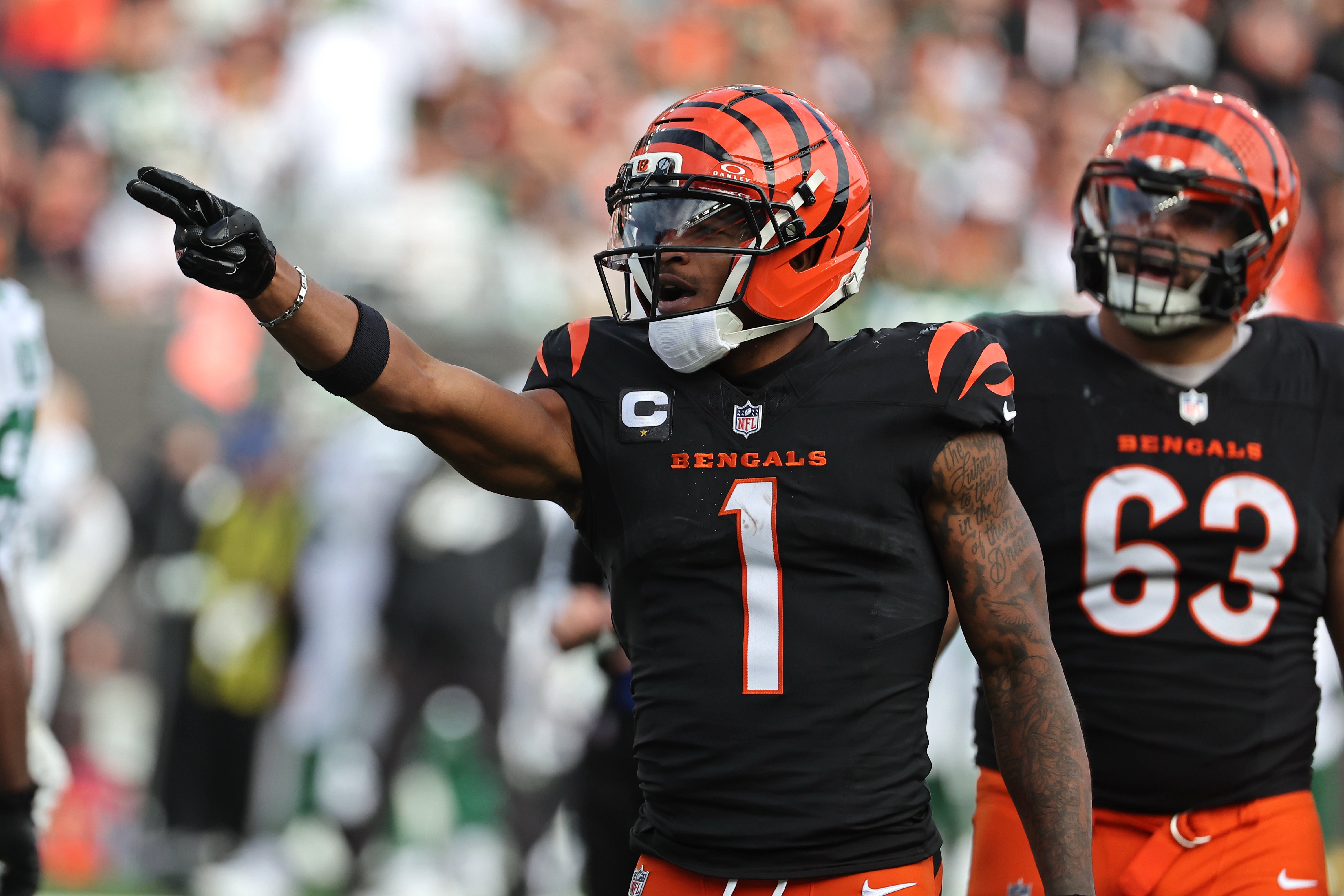 Oct 26, 2025; Cincinnati, Ohio, USA; Cincinnati Bengals wide receiver Ja'Marr Chase (1) reacts during the fourth quarter against the New York Jets at Paycor Stadium.