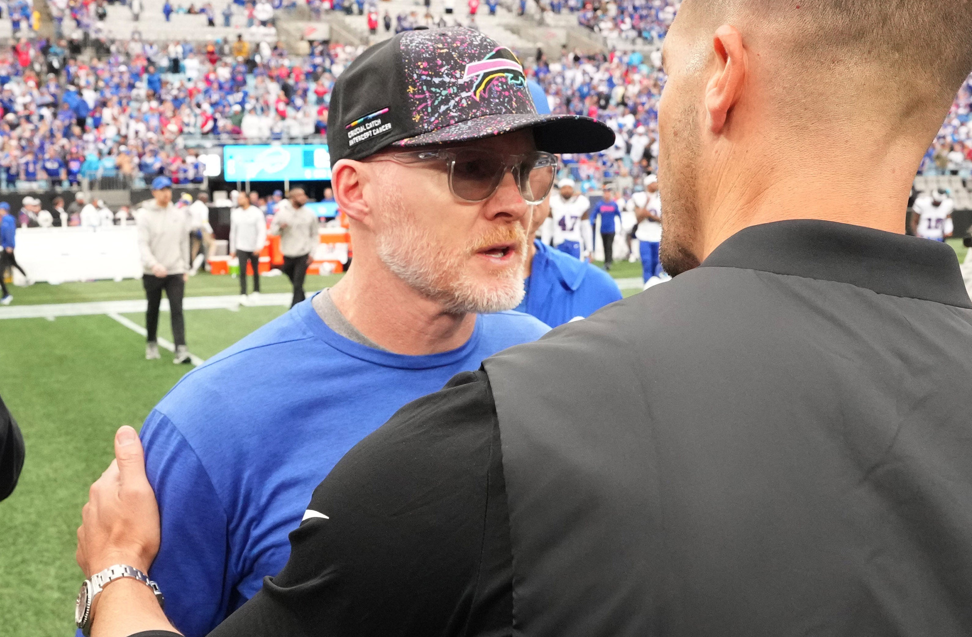 Oct 26, 2025; Charlotte, North Carolina, USA; Buffalo Bills head coach Sean McDermott greets Carolina Panthers head coach Dave Canales after a game at Bank of America Stadium.