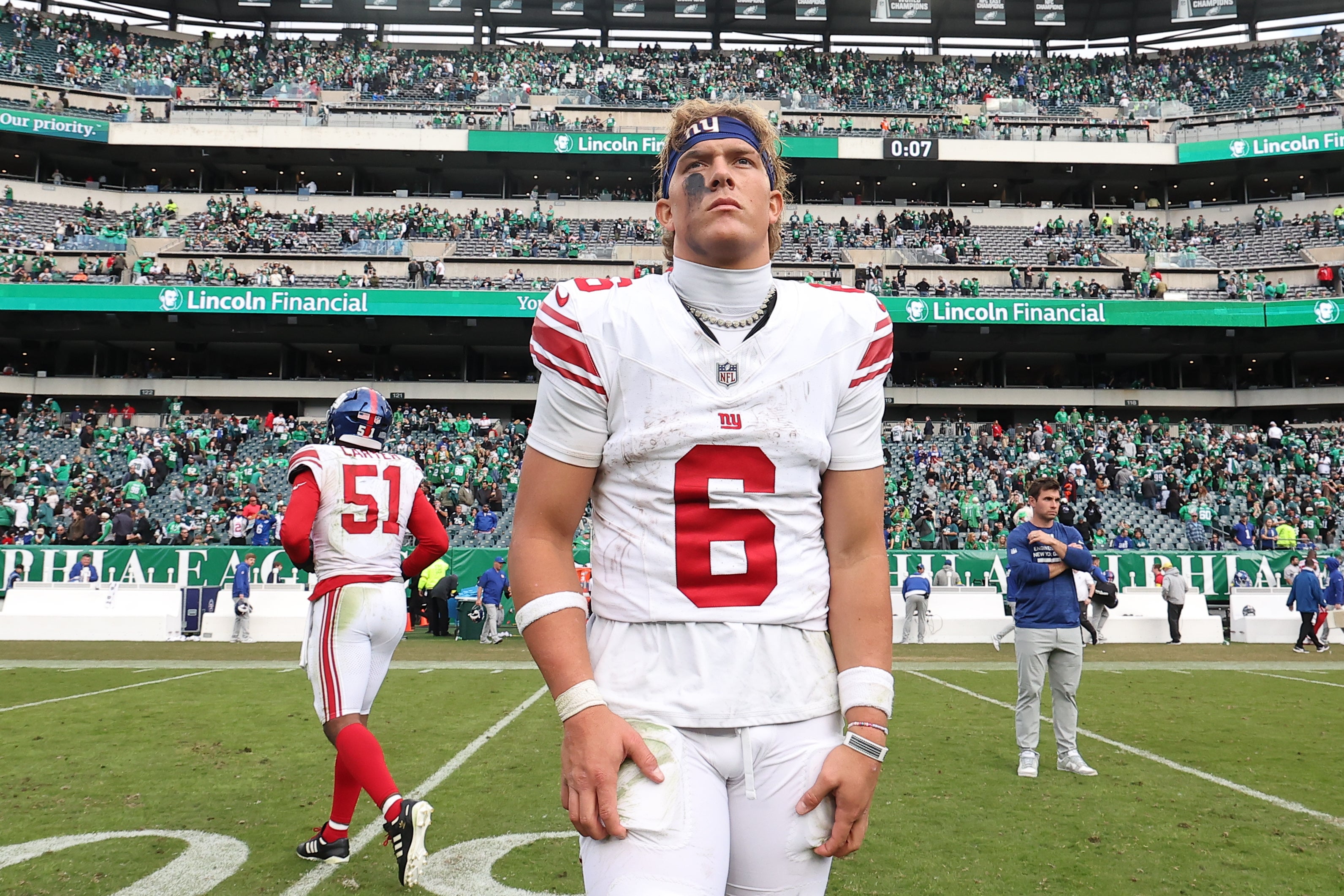 Oct 26, 2025; Philadelphia, Pennsylvania, USA; New York Giants quarterback Jaxson Dart (6) looks on after a loss to the Philadelphia Eagles at Lincoln Financial Field.