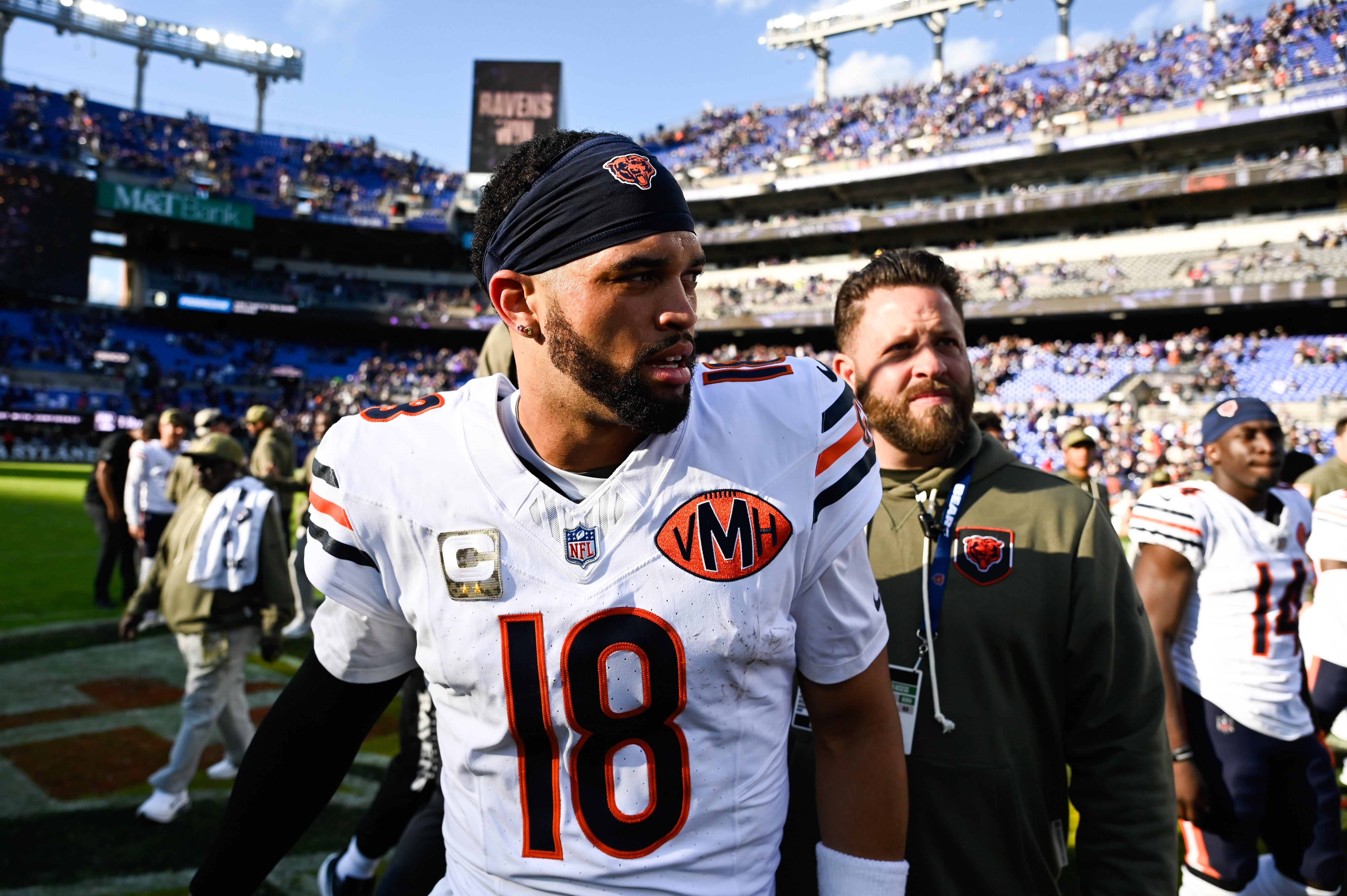 Oct 26, 2025; Baltimore, Maryland, USA; Chicago Bears quarterback Caleb Williams (18) looks on after the game against the Baltimore Ravens at M&T Bank Stadium.