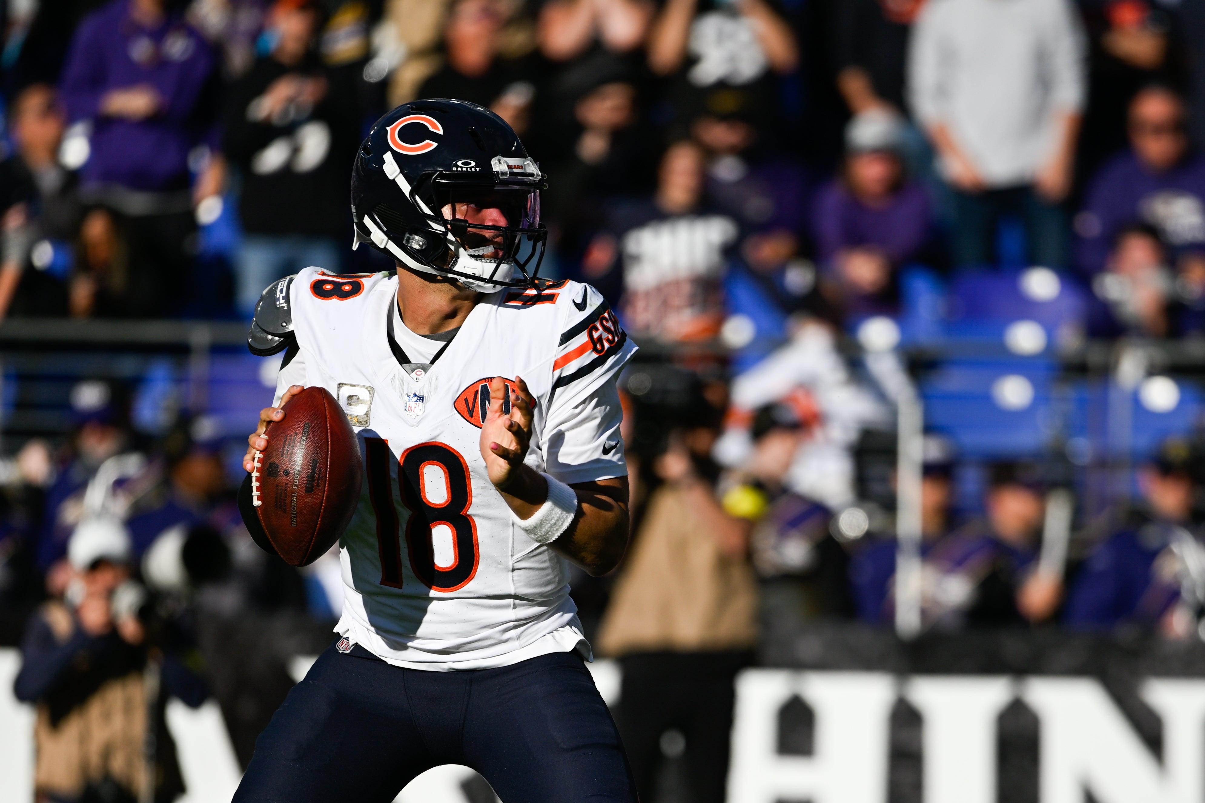 Oct 26, 2025; Baltimore, Maryland, USA; Chicago Bears quarterback Caleb Williams (18) drops back to pass during the fourth quarter against the Baltimore Ravens at M&T Bank Stadium.