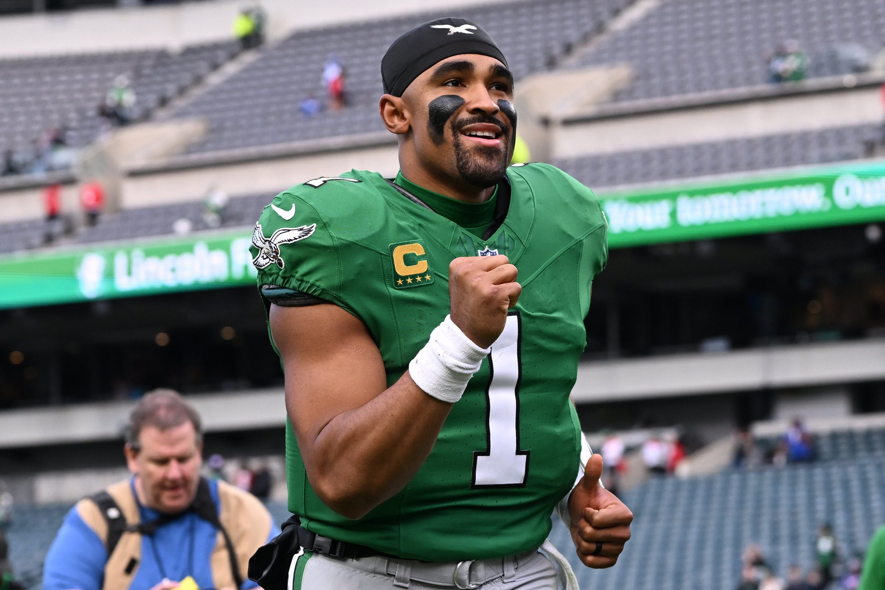 Philadelphia Eagles quarterback Jalen Hurts (1) reacts after the game against the New York Giants at Lincoln Financial Field.