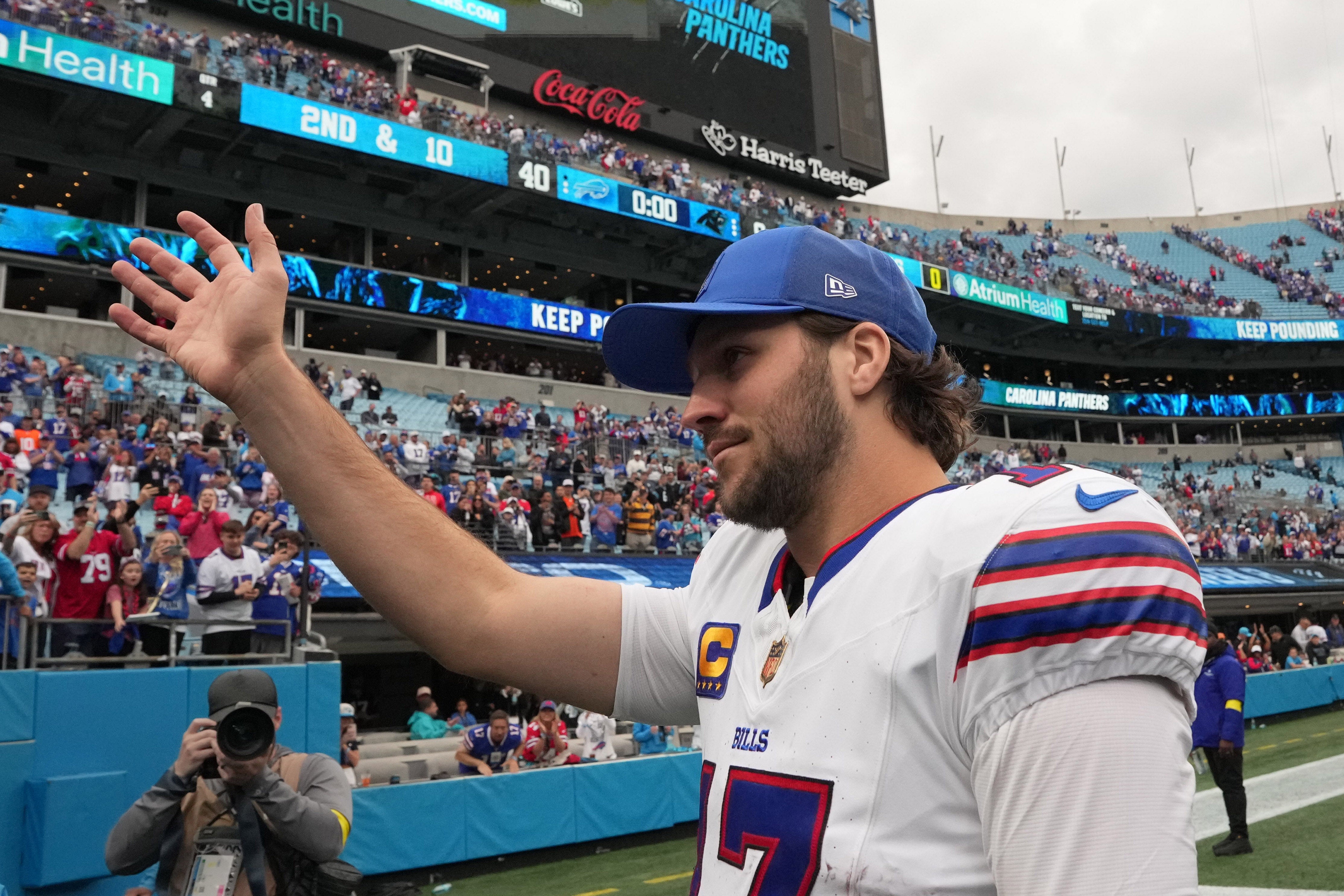 Oct 26, 2025; Charlotte, North Carolina, USA; Buffalo Bills quarterback Josh Allen (17) leaves the field after a game against the Carolina Panthers at Bank of America Stadium.